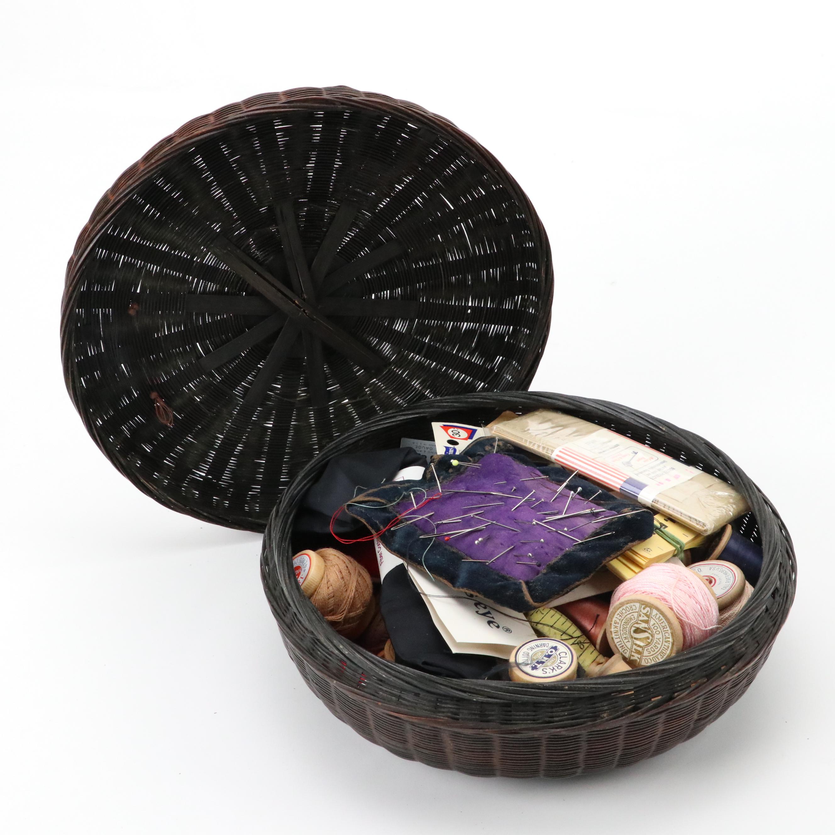 Chinese Wicker Sewing Basket with Notions