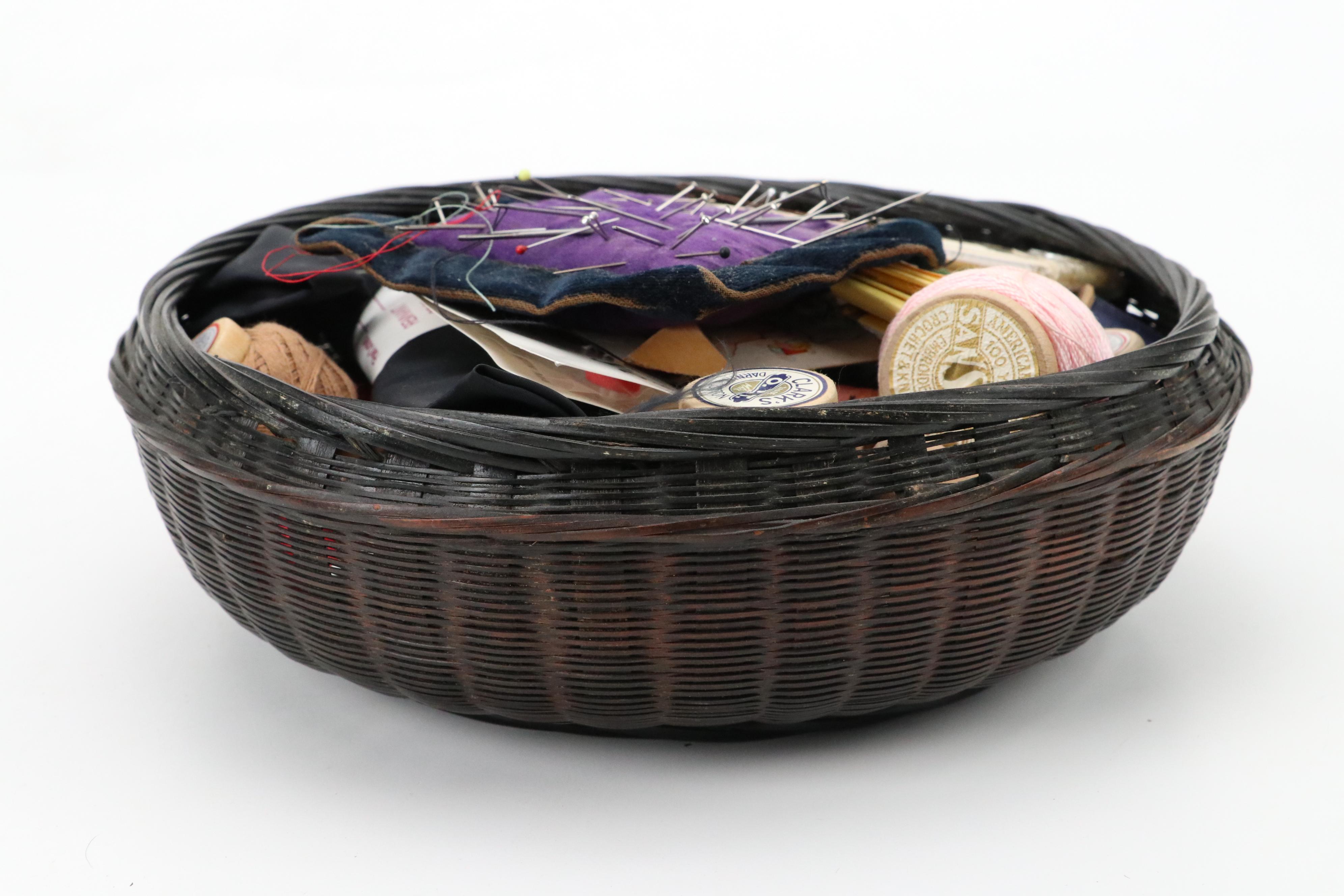 Chinese Wicker Sewing Basket with Notions