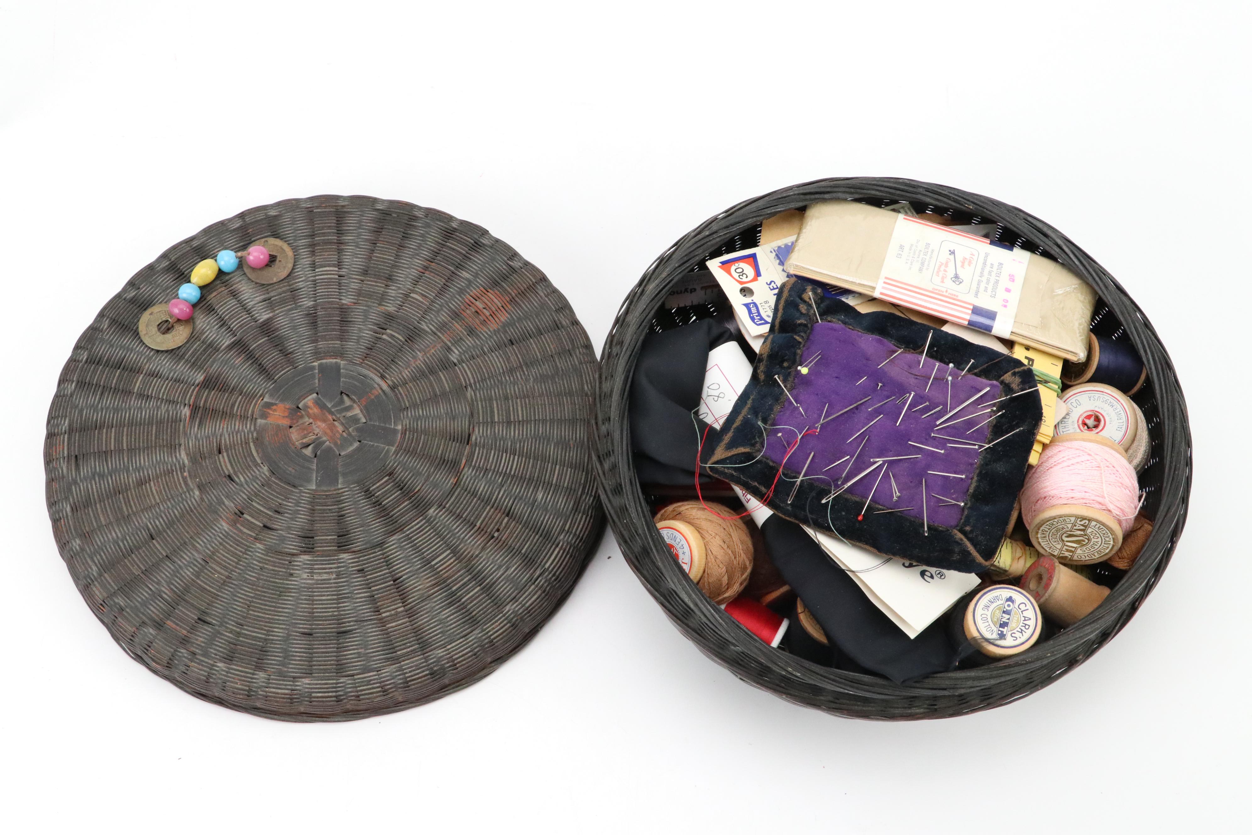 Chinese Wicker Sewing Basket with Notions