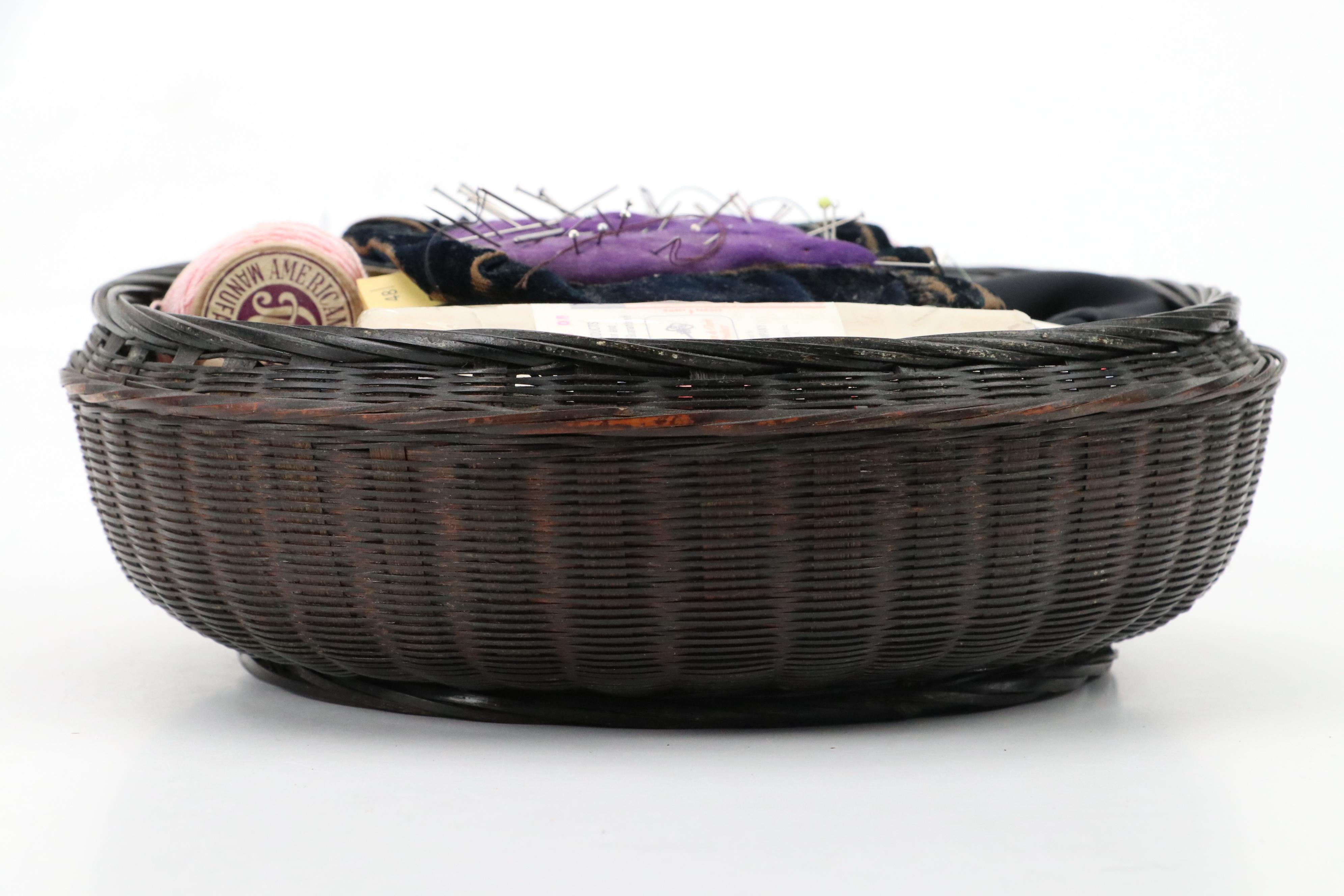 Chinese Wicker Sewing Basket with Notions