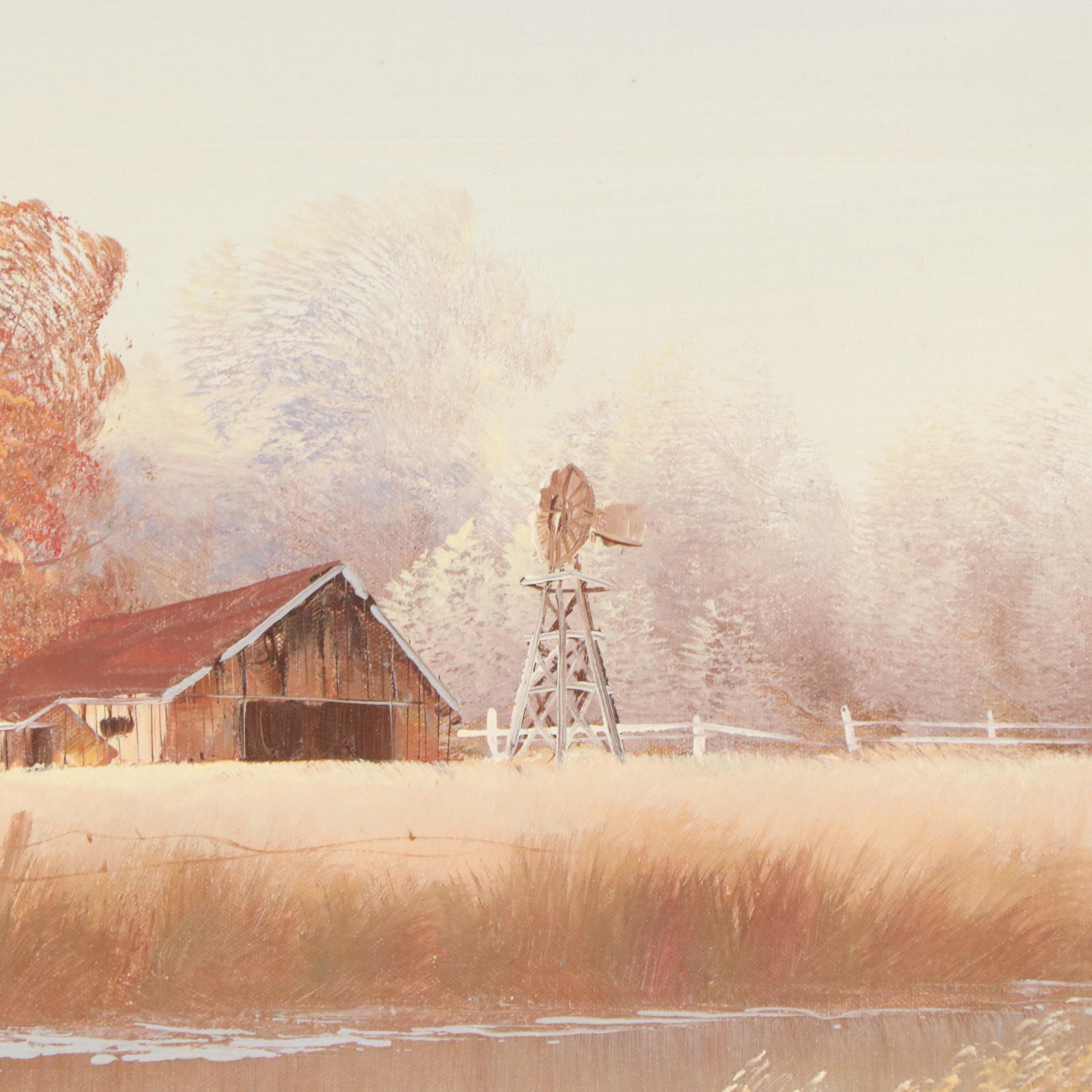 J. Hogan Acrylic Landscape Painting With Barn and Windmill, Mid 20th Century