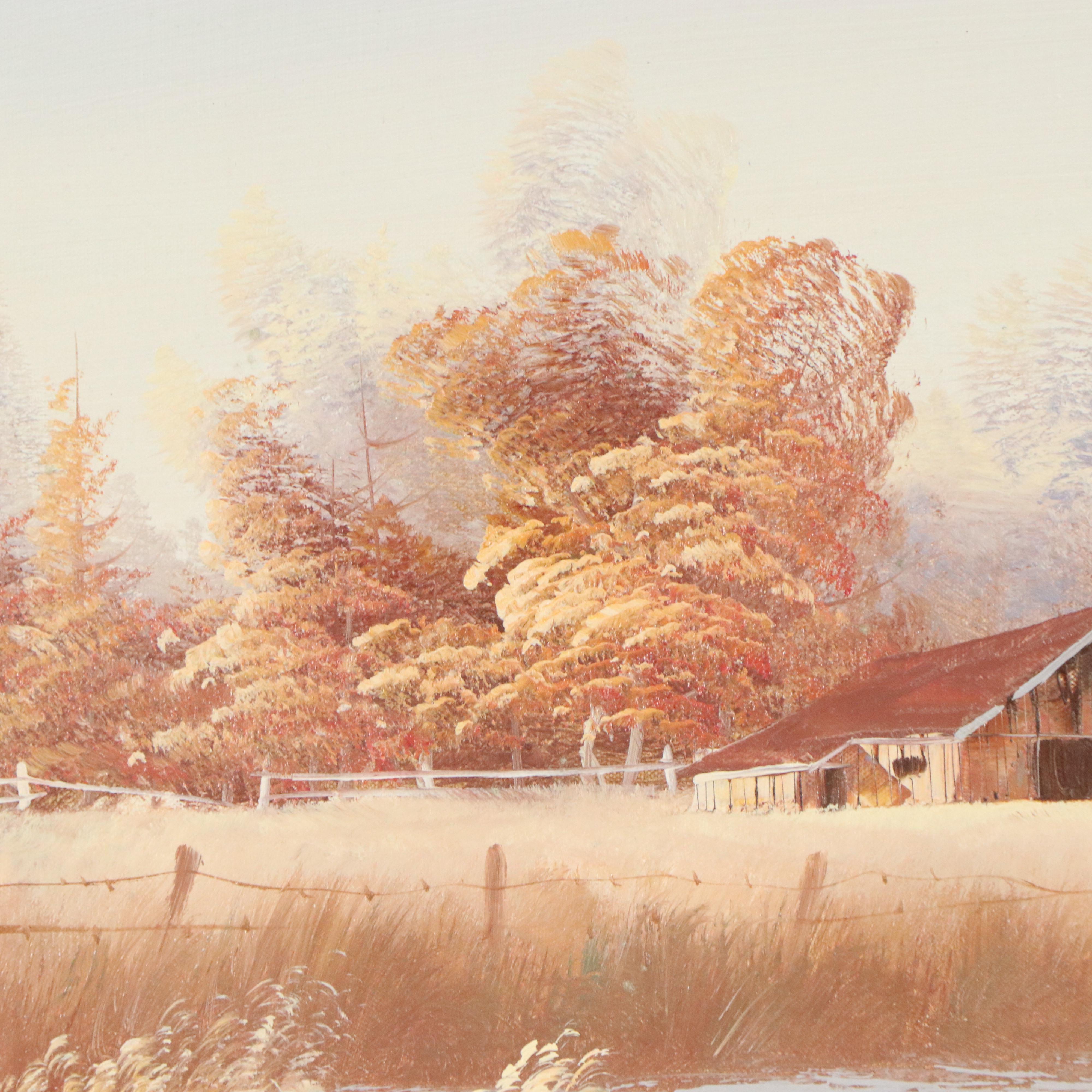 J. Hogan Acrylic Landscape Painting With Barn and Windmill, Mid 20th Century