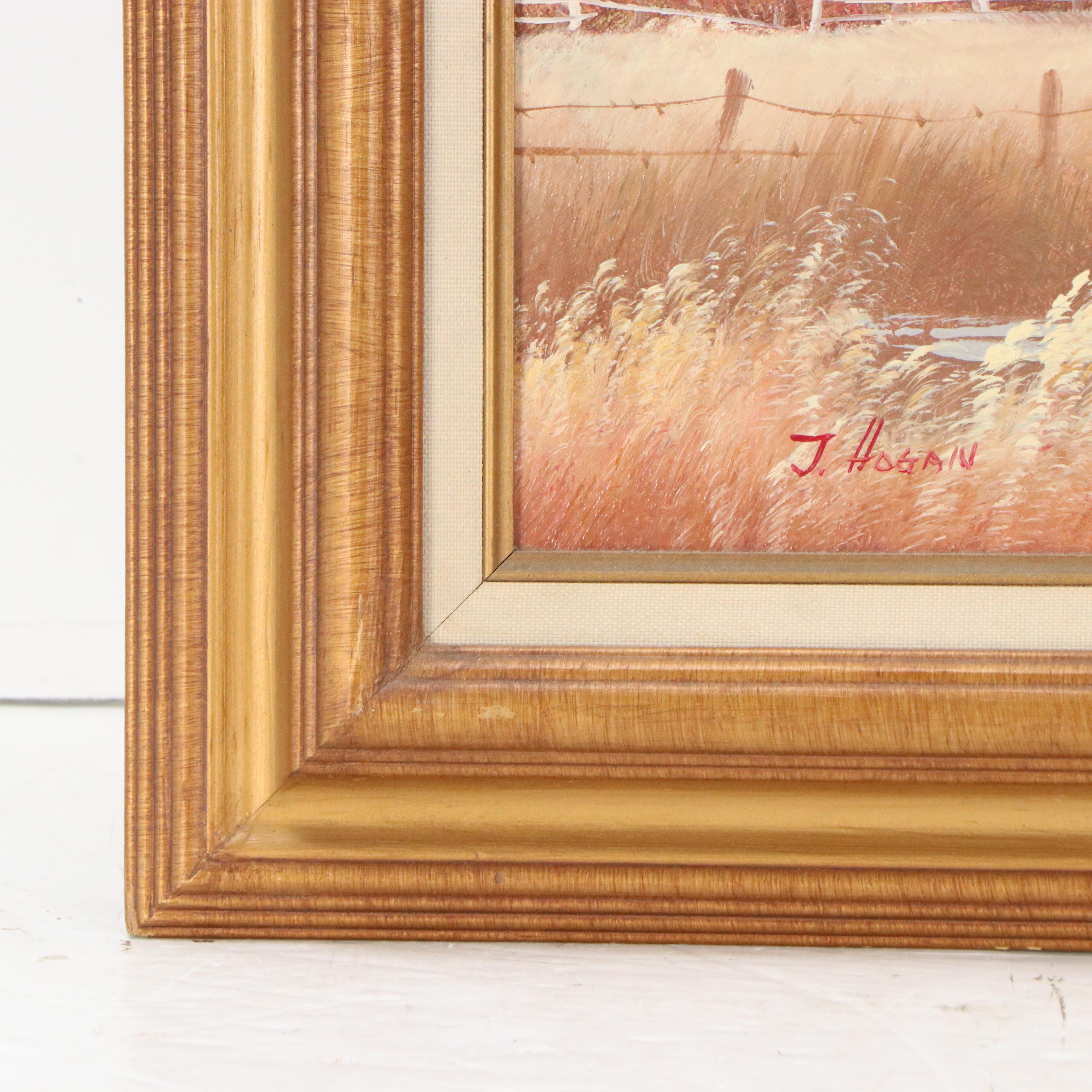 J. Hogan Acrylic Landscape Painting With Barn and Windmill, Mid 20th Century