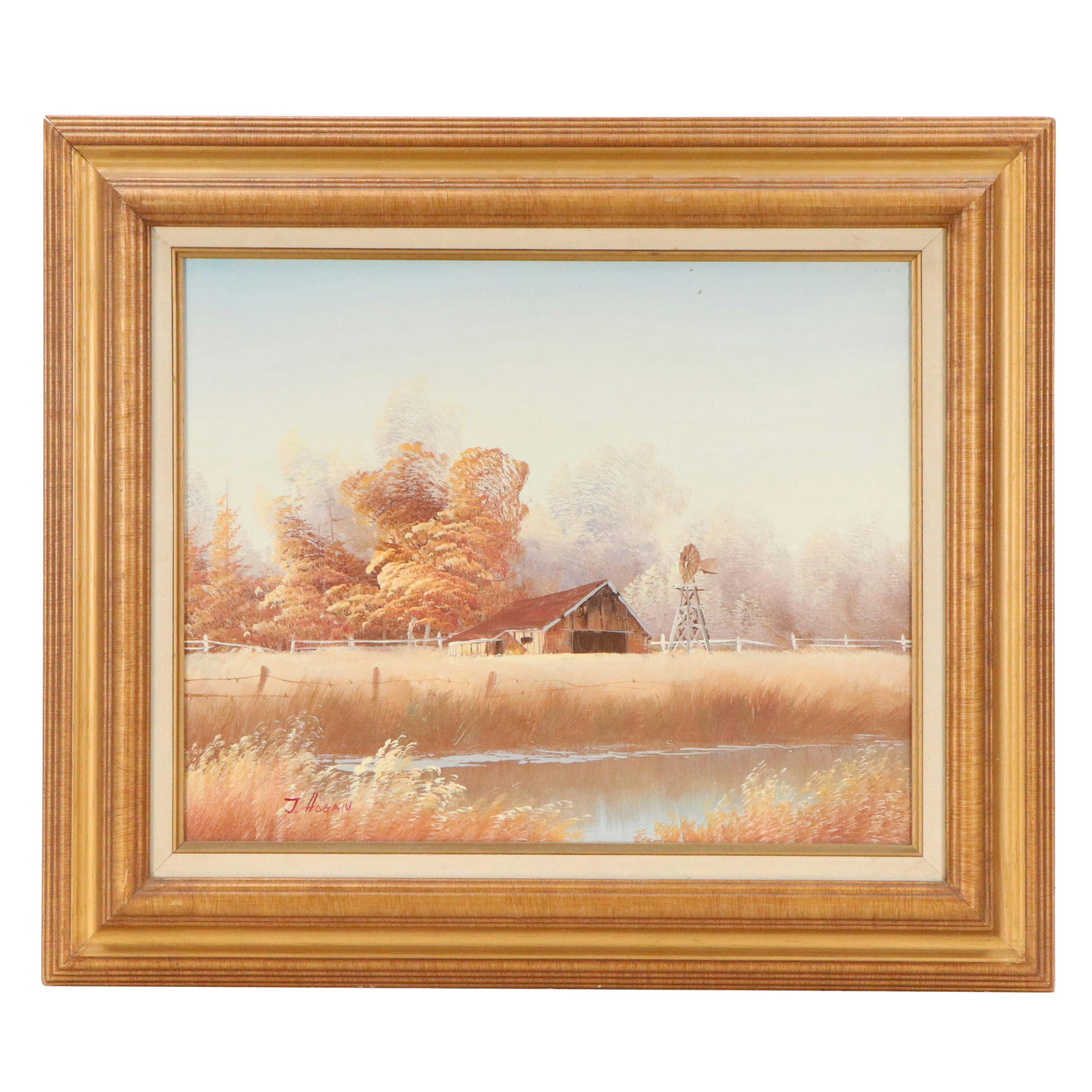 J. Hogan Acrylic Landscape Painting With Barn and Windmill, Mid 20th Century