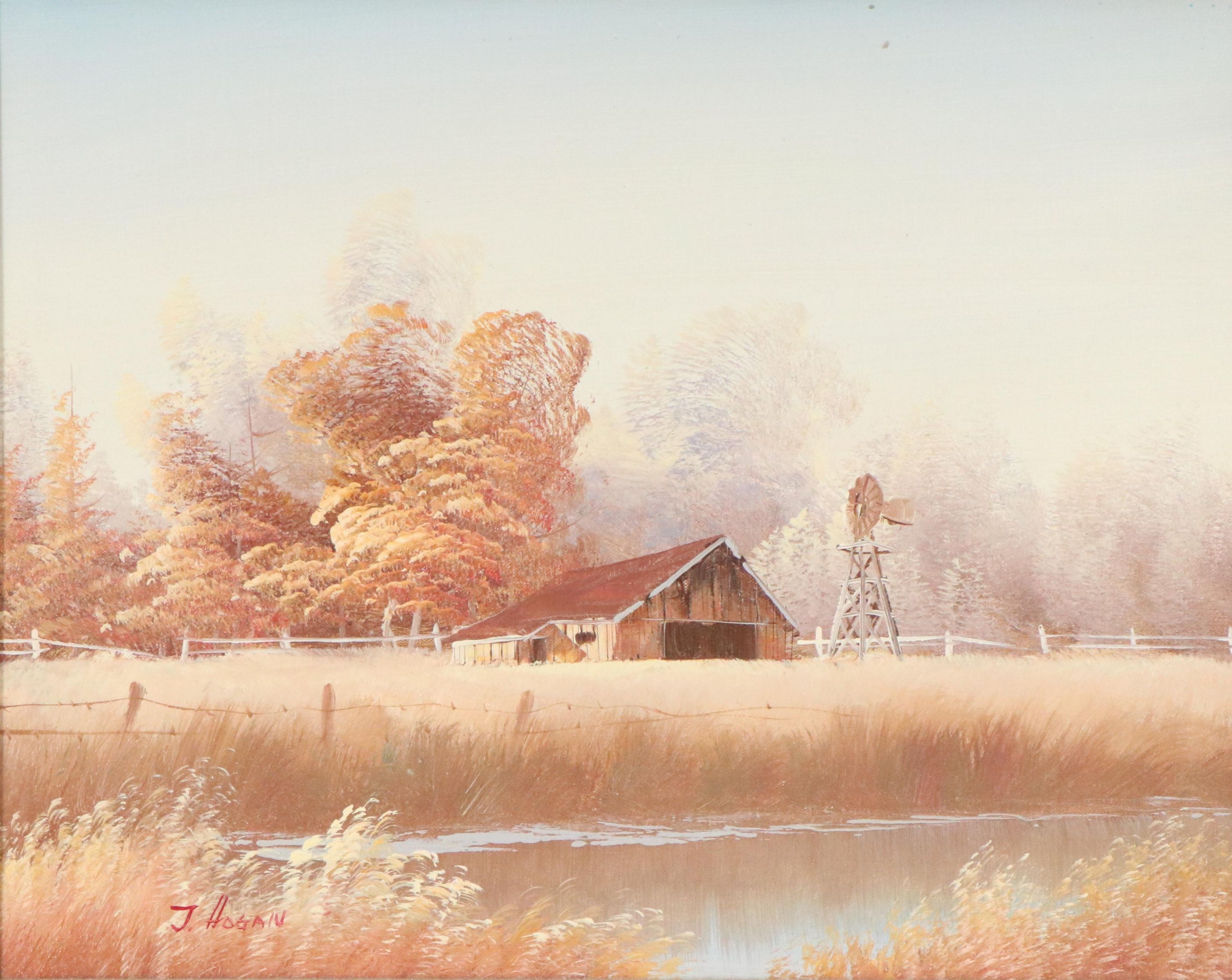 J. Hogan Acrylic Landscape Painting With Barn and Windmill, Mid 20th Century