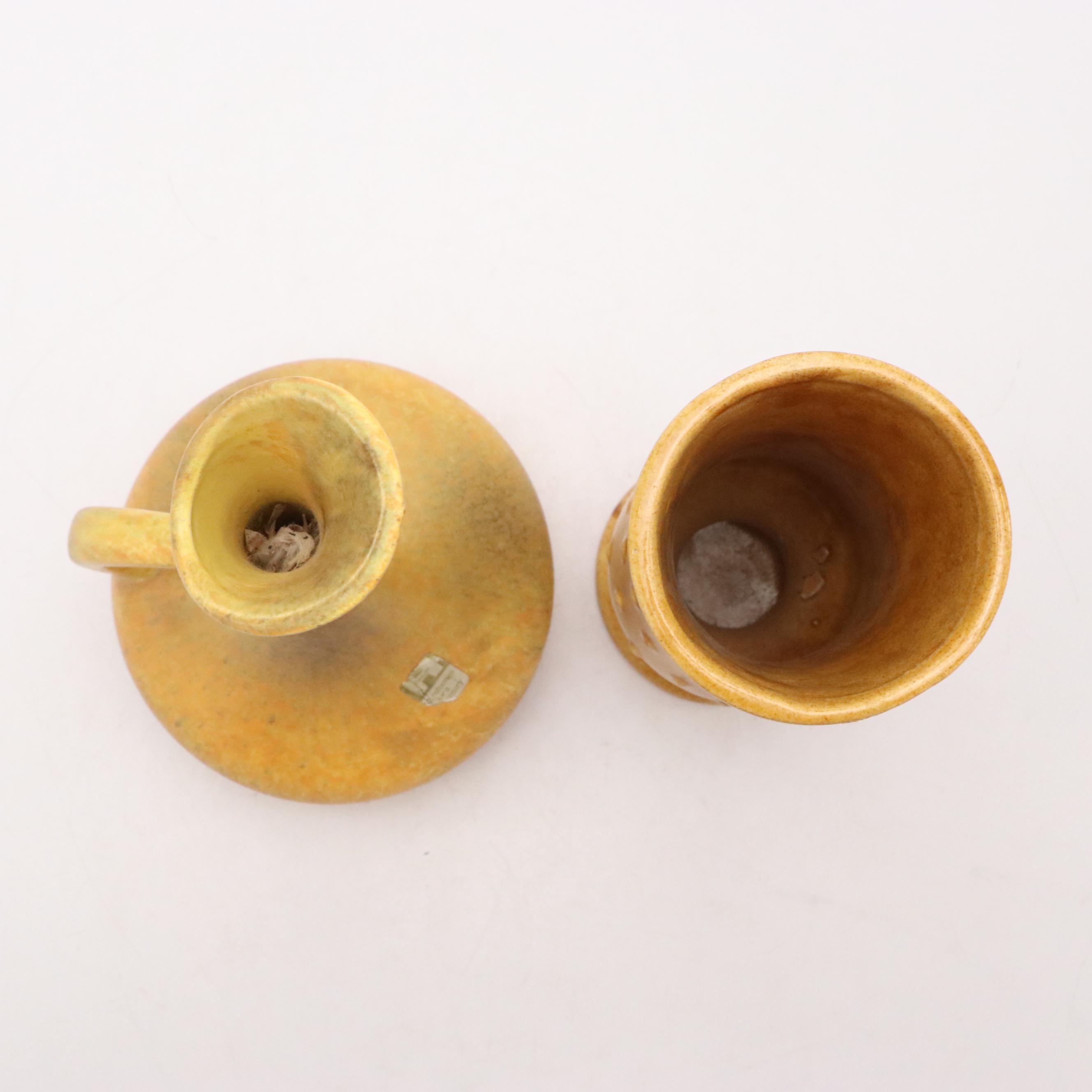 Haeger Lava Glaze Ewer with Other Yellow Hobnail Vase, Mid-20th Century