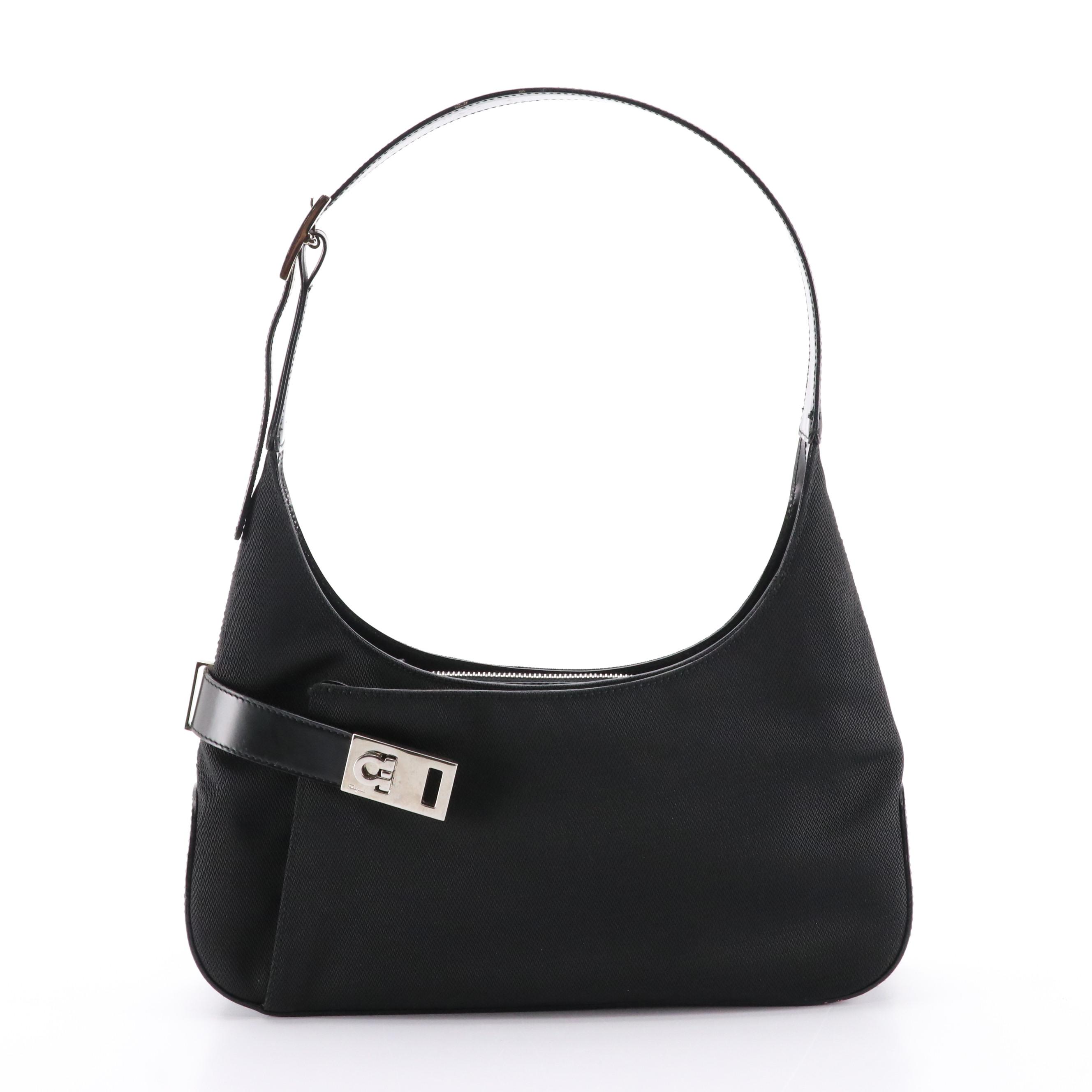 Salvatore Ferragamo Gancini Hobo Bag in Black Nylon and Leather