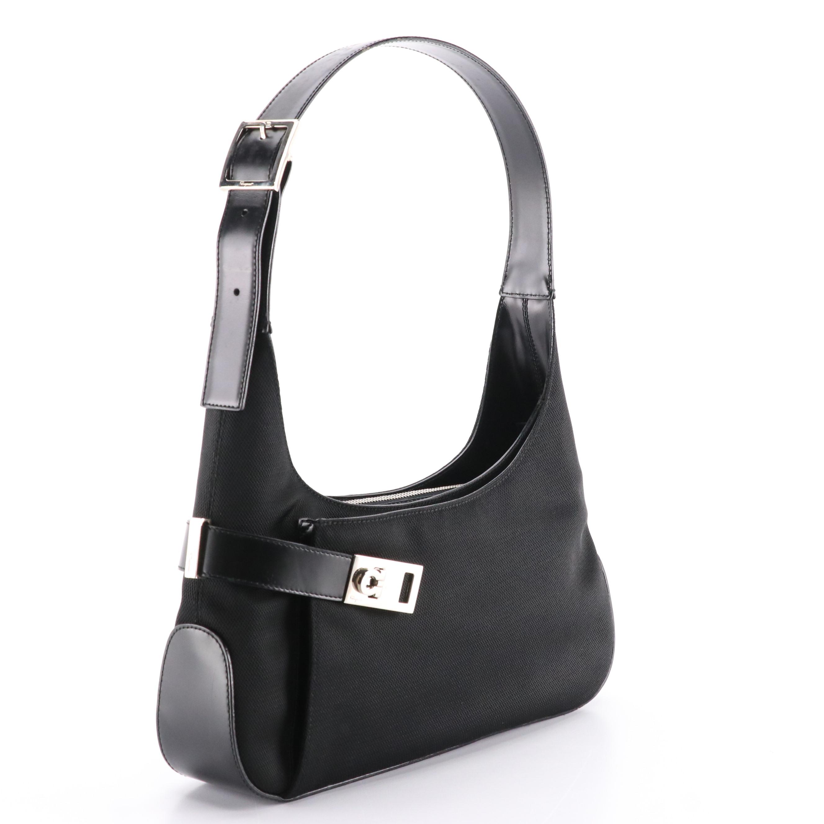 Salvatore Ferragamo Gancini Hobo Bag in Black Nylon and Leather