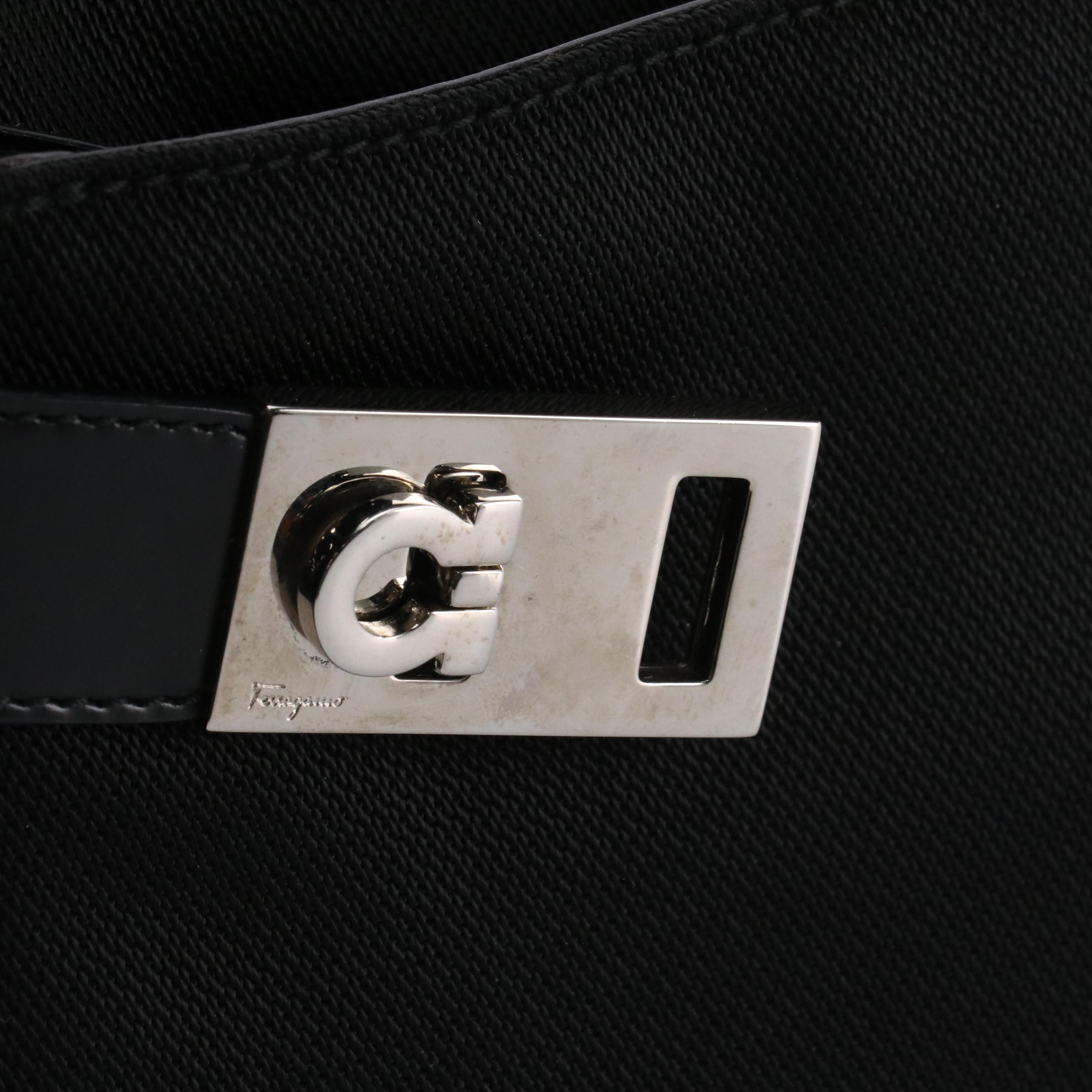 Salvatore Ferragamo Gancini Hobo Bag in Black Nylon and Leather