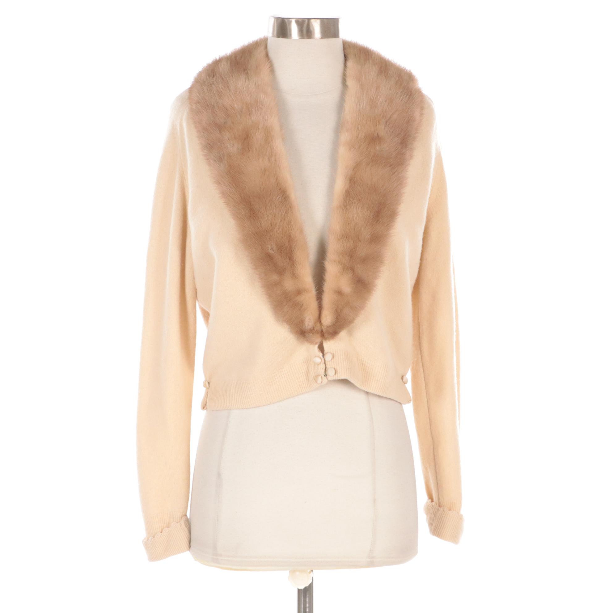 Bernard Altmann Vintage Beige Cashmere Cardigan Sweater with Mink Fur Collar