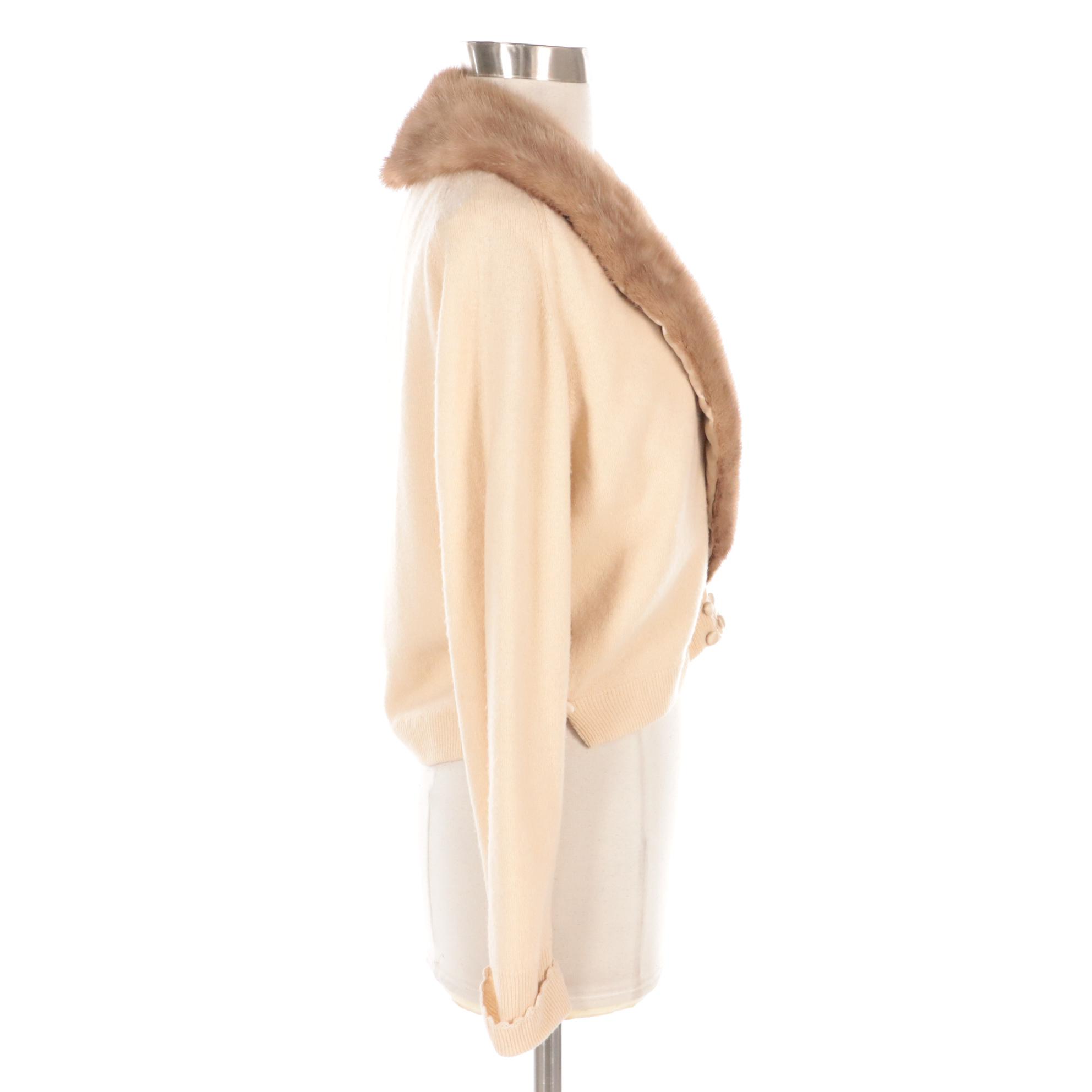 Bernard Altmann Vintage Beige Cashmere Cardigan Sweater with Mink Fur Collar