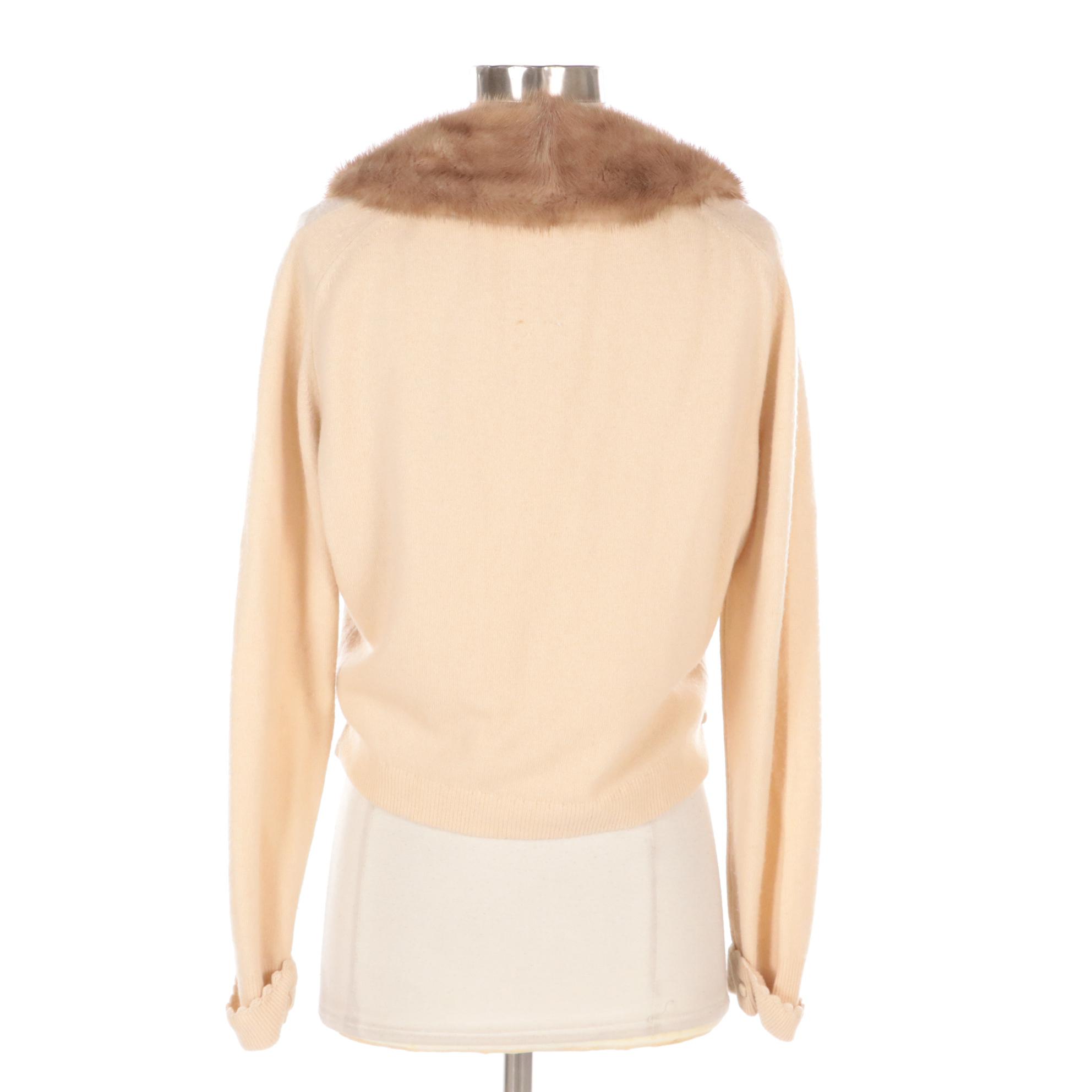 Bernard Altmann Vintage Beige Cashmere Cardigan Sweater with Mink Fur Collar