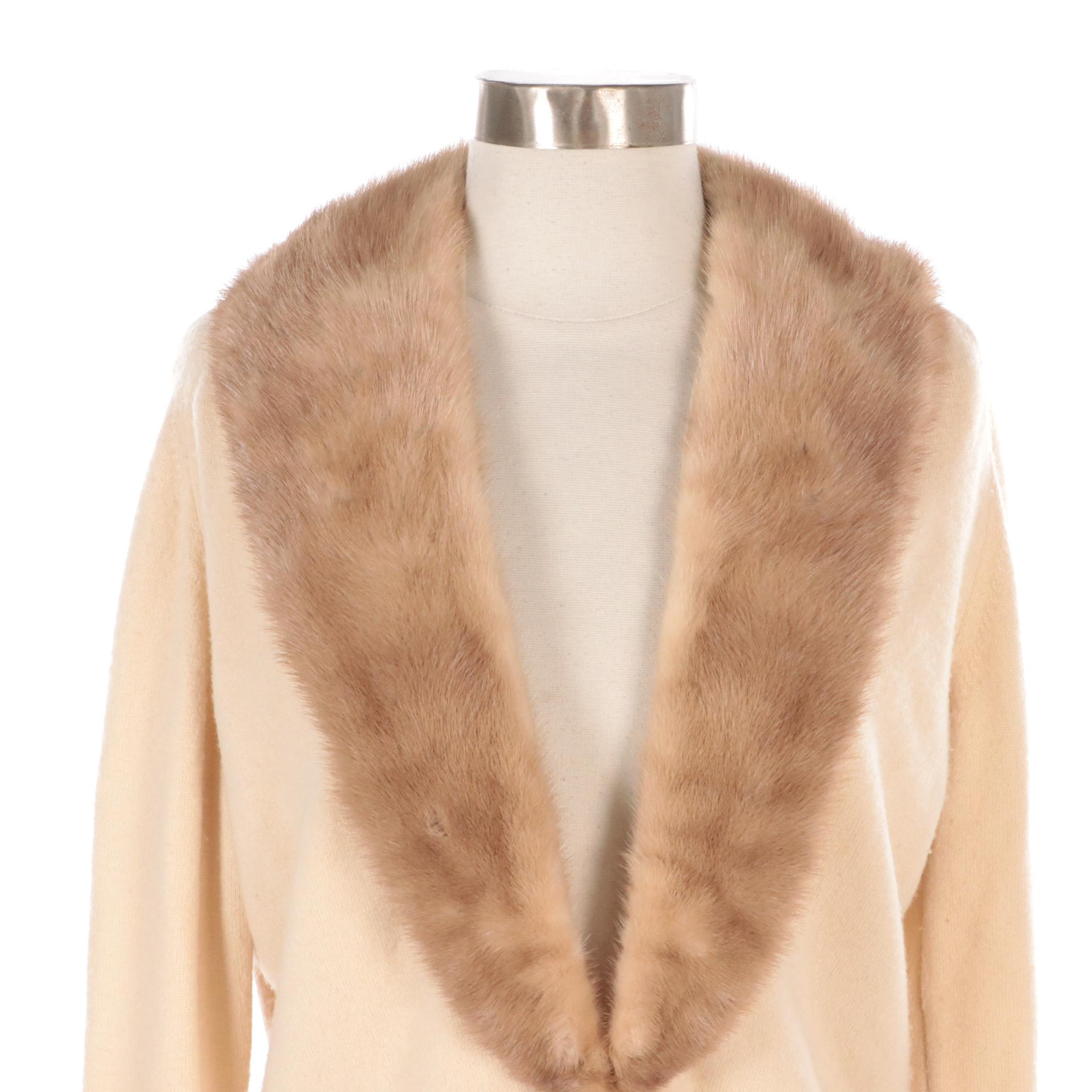 Bernard Altmann Vintage Beige Cashmere Cardigan Sweater with Mink Fur Collar
