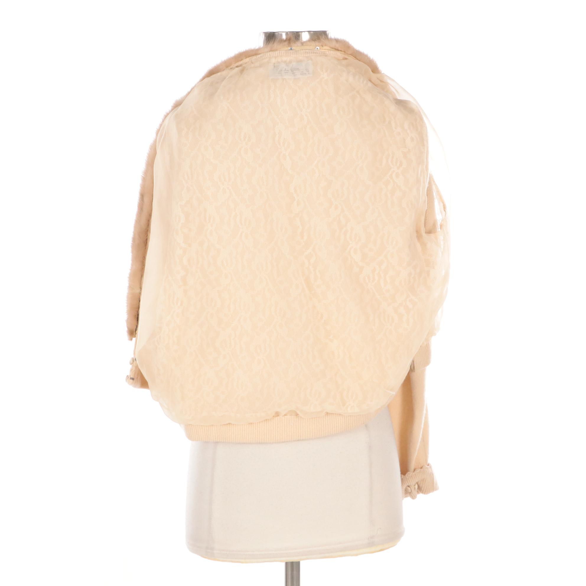 Bernard Altmann Vintage Beige Cashmere Cardigan Sweater with Mink Fur Collar