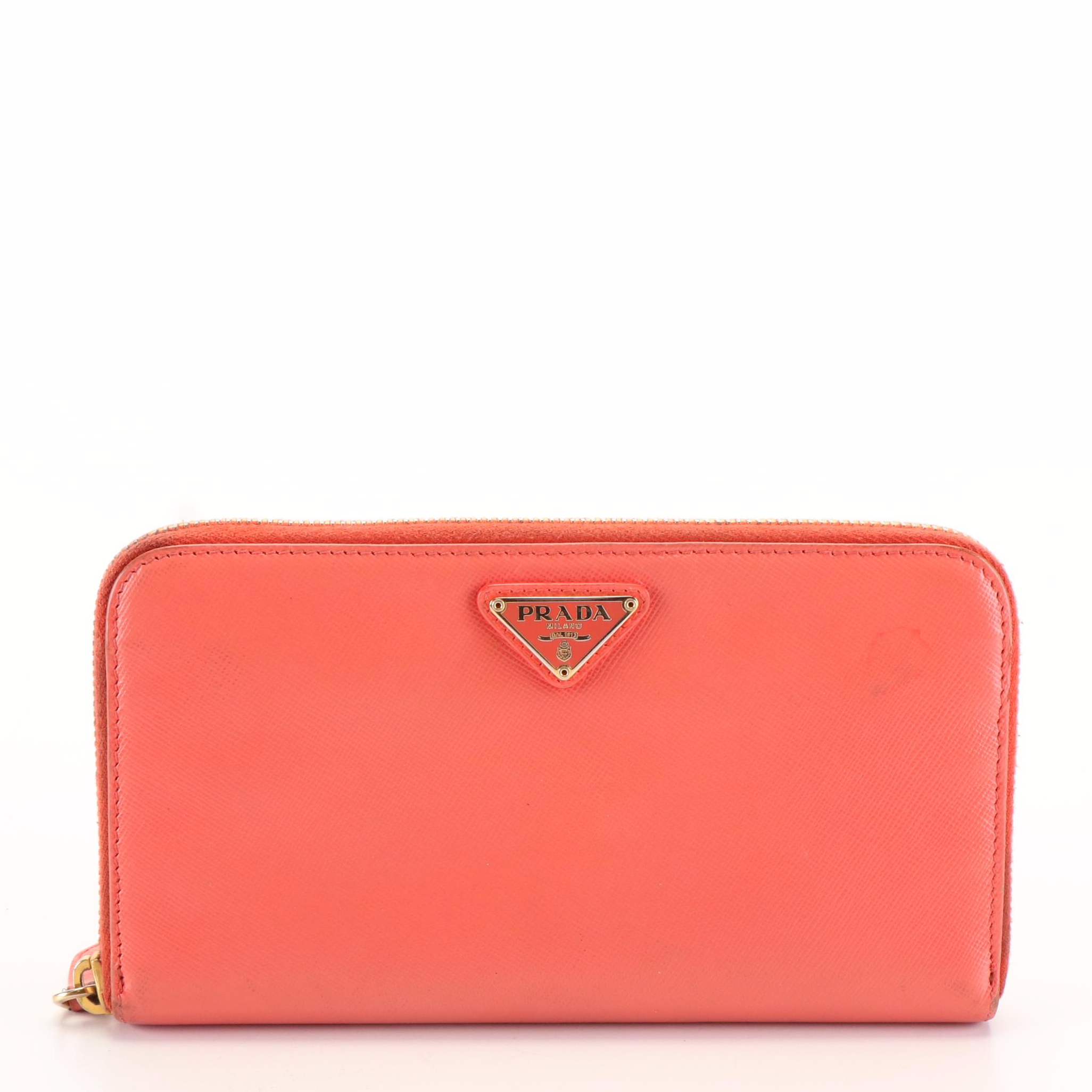 Prada Zip Around Continental Wallet in Orange Saffiano Leather