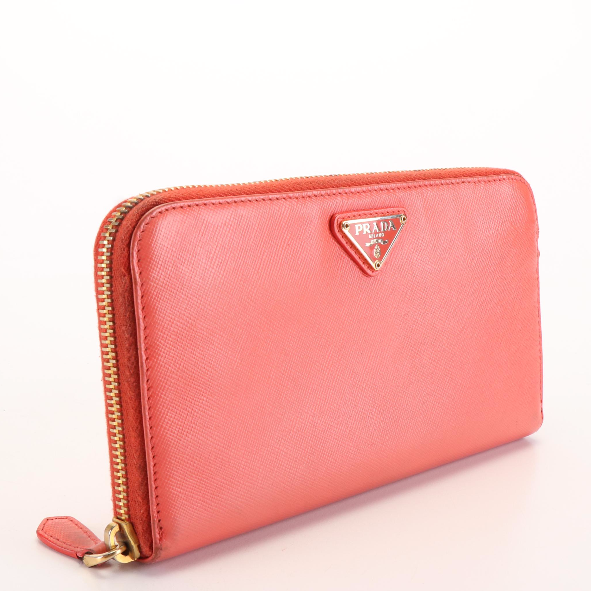 Prada Zip Around Continental Wallet in Orange Saffiano Leather