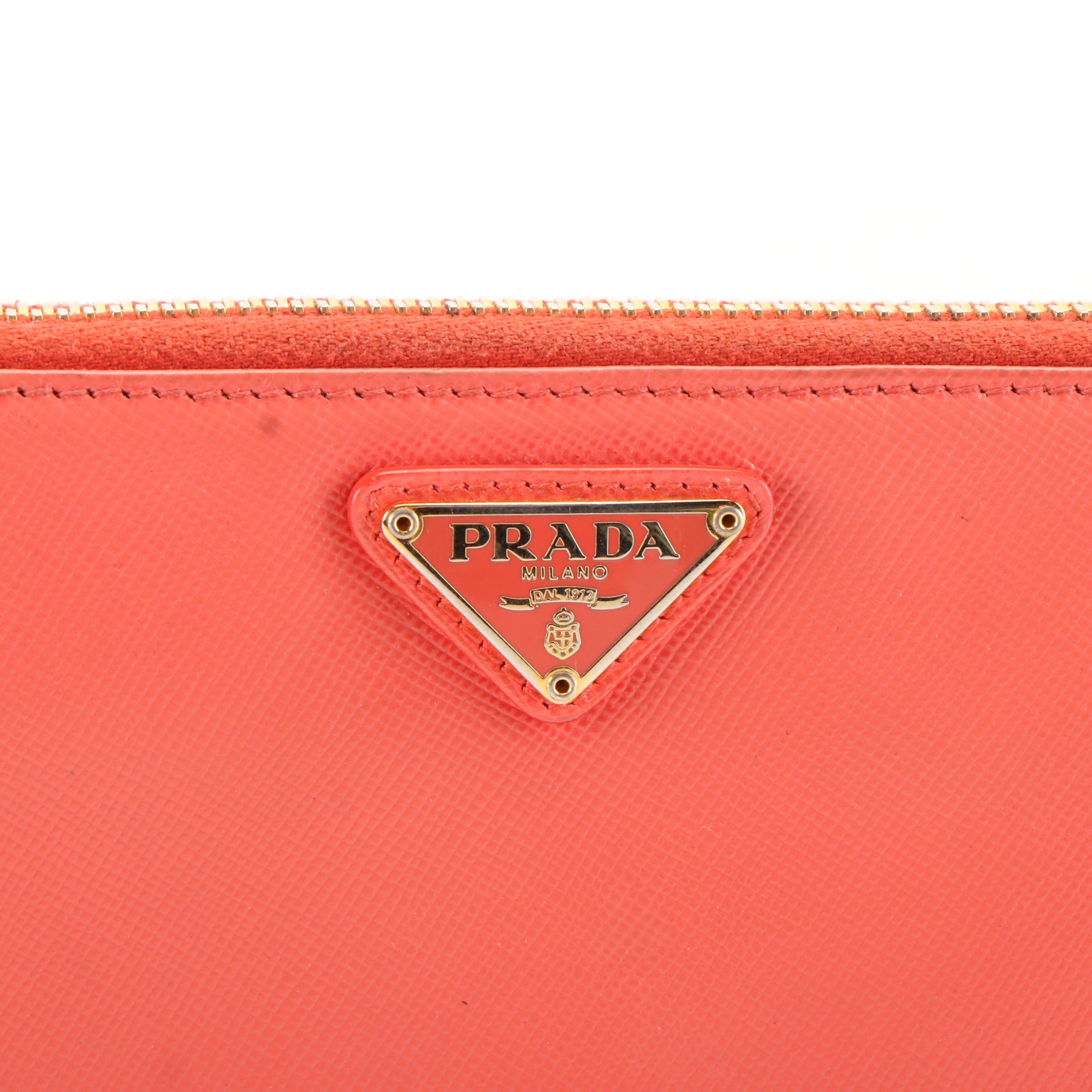 Prada Zip Around Continental Wallet in Orange Saffiano Leather