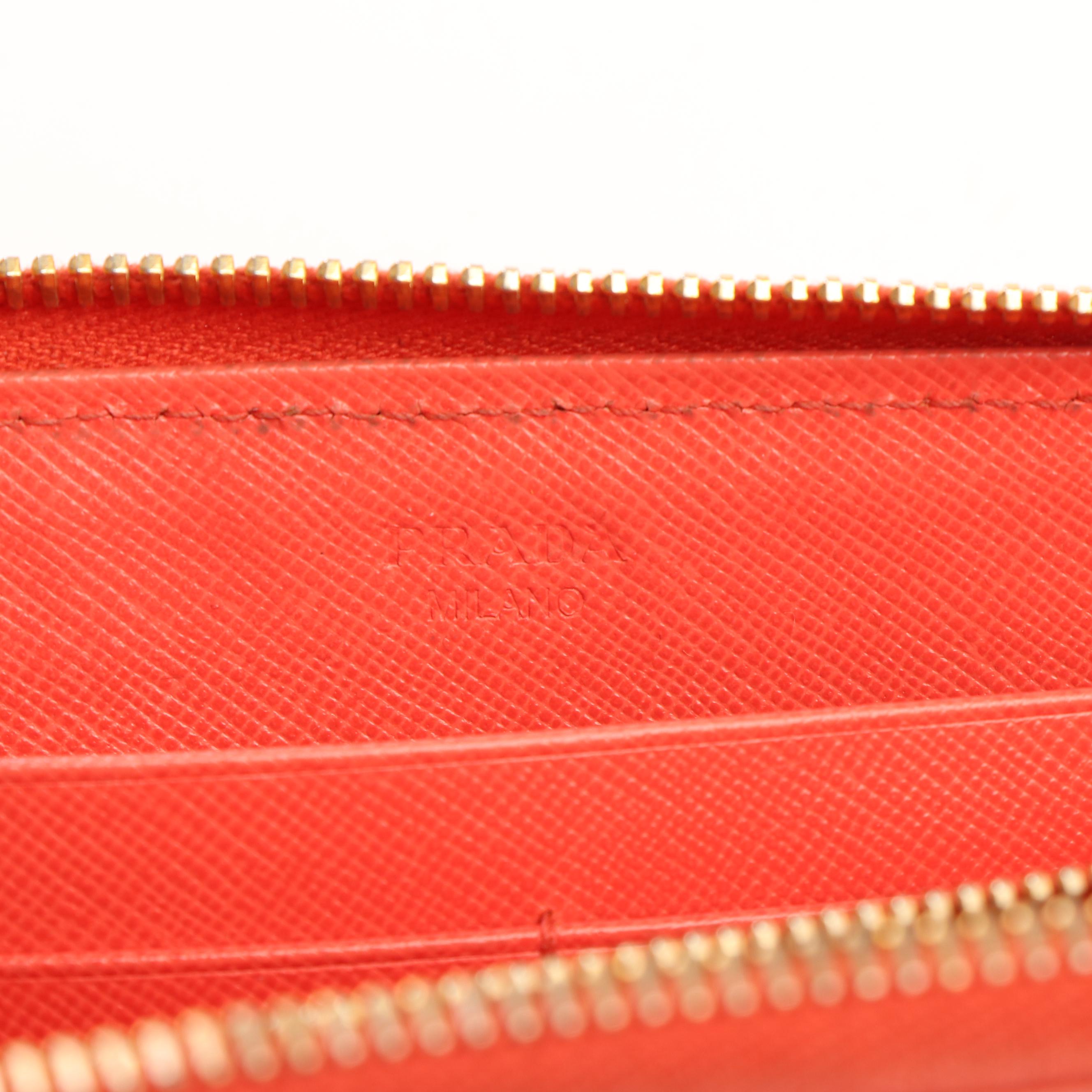 Prada Zip Around Continental Wallet in Orange Saffiano Leather