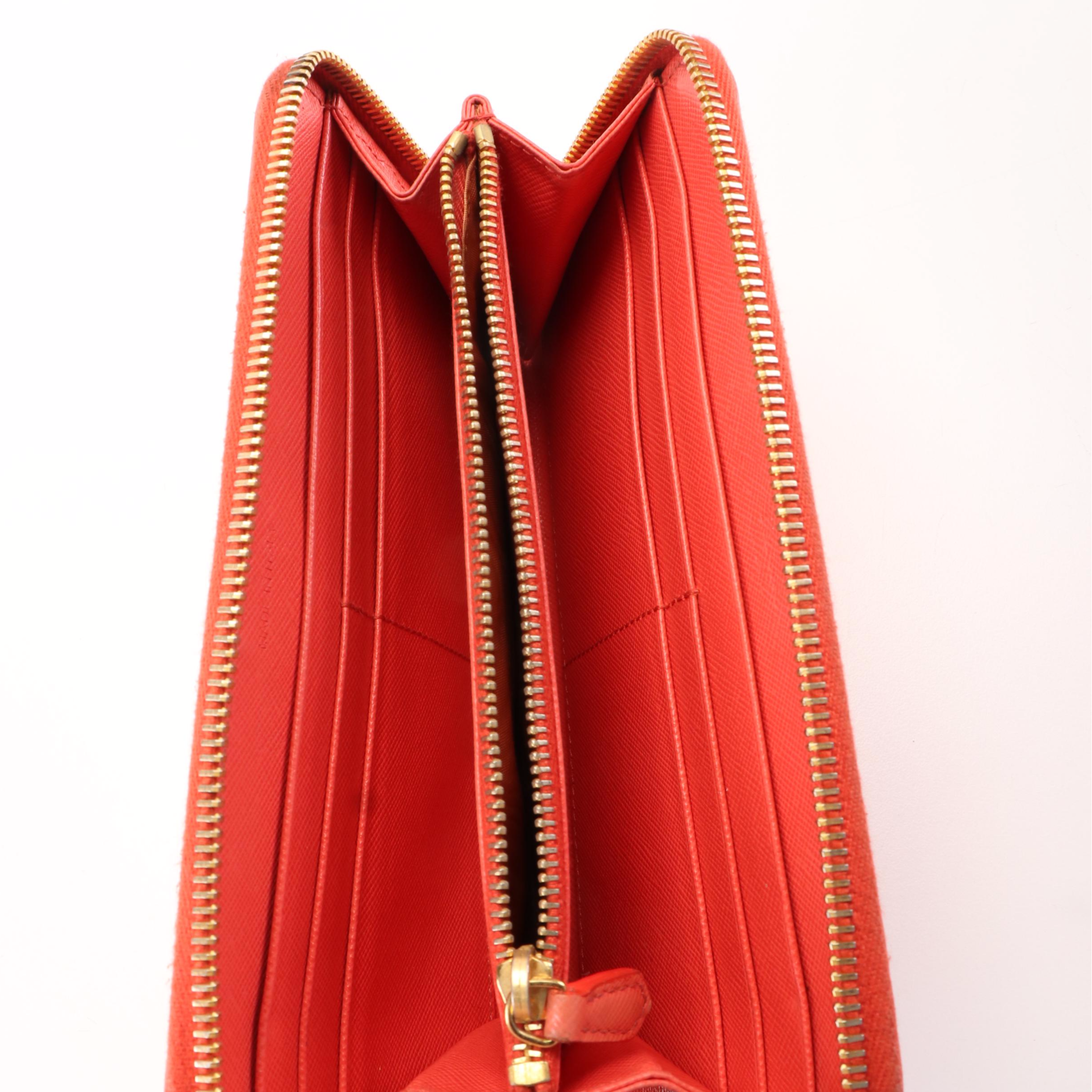 Prada Zip Around Continental Wallet in Orange Saffiano Leather