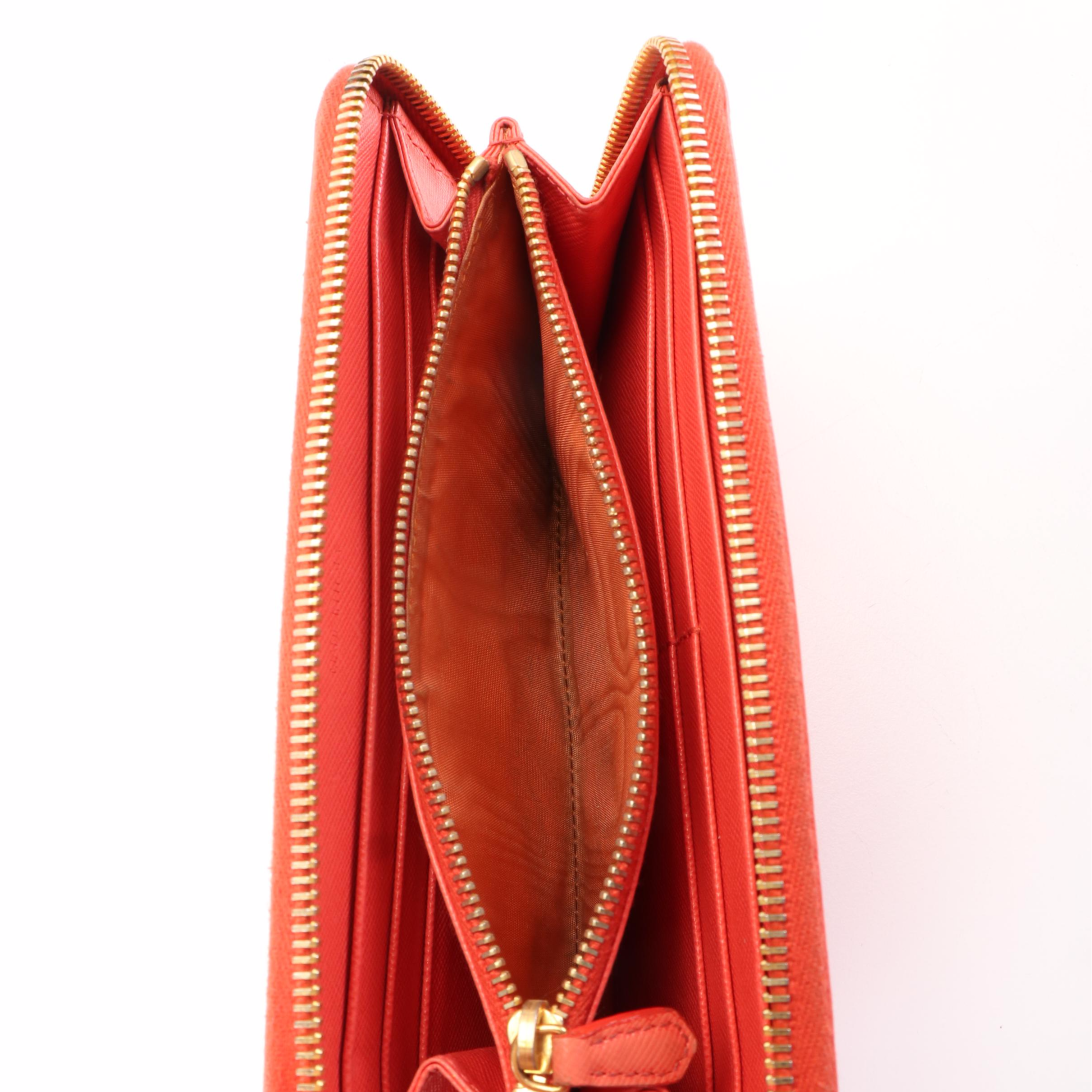 Prada Zip Around Continental Wallet in Orange Saffiano Leather