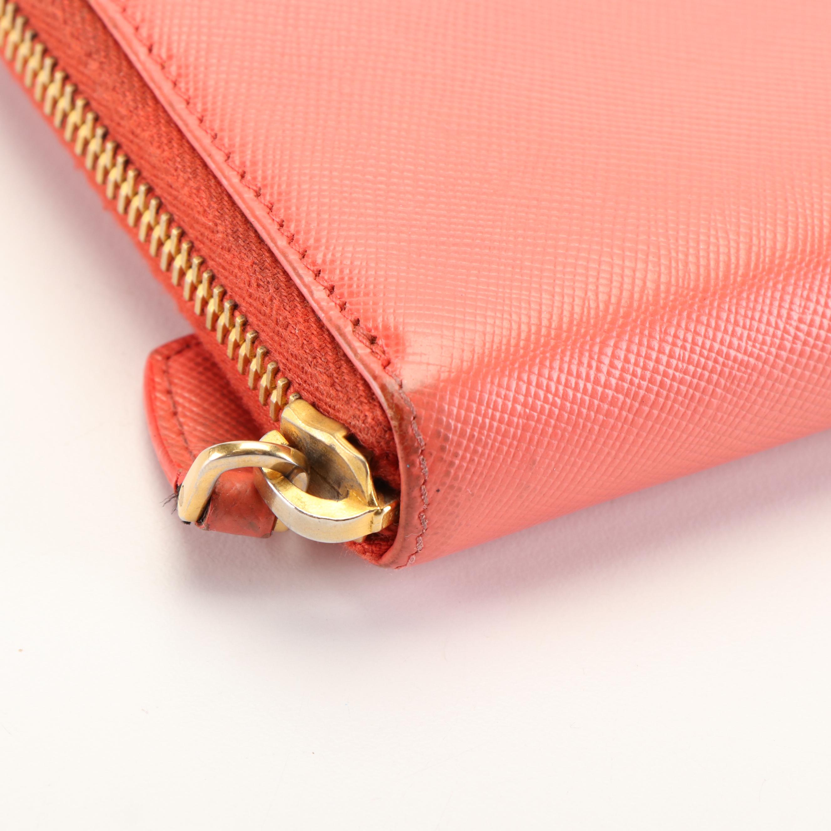 Prada Zip Around Continental Wallet in Orange Saffiano Leather