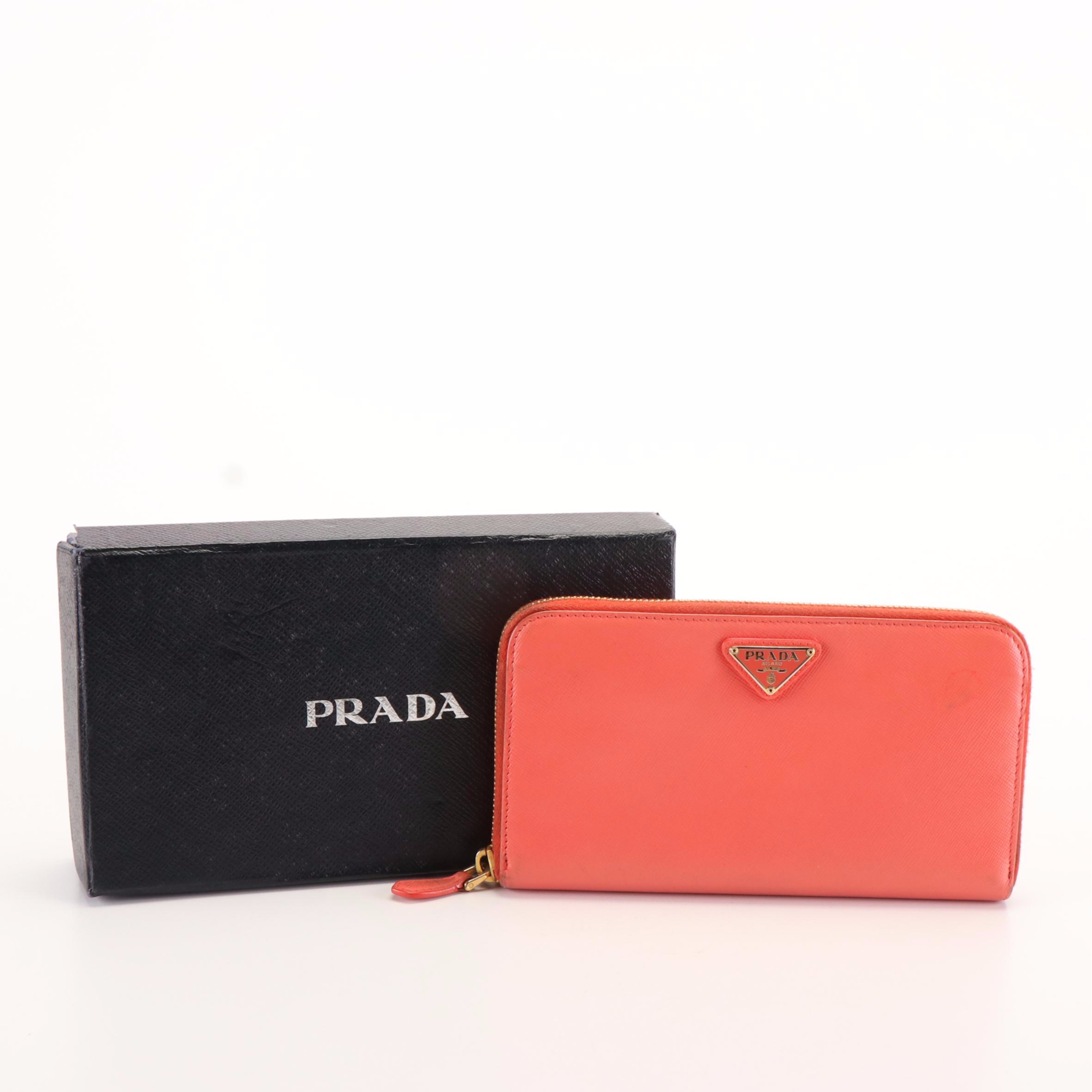 Prada Zip Around Continental Wallet in Orange Saffiano Leather