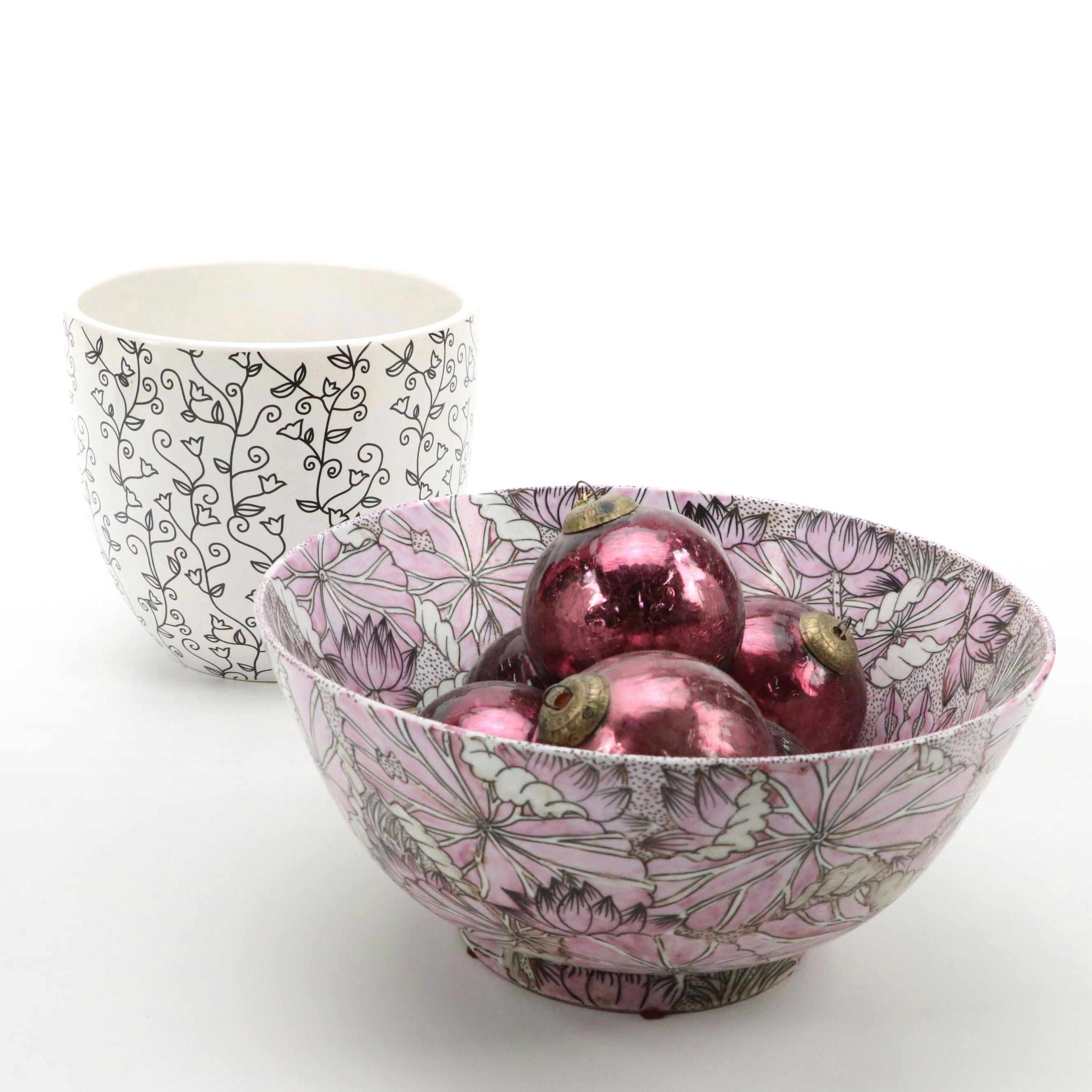 Norcal Ceramic Planter with Chinese Porcelain Bowl and Glass Ornaments