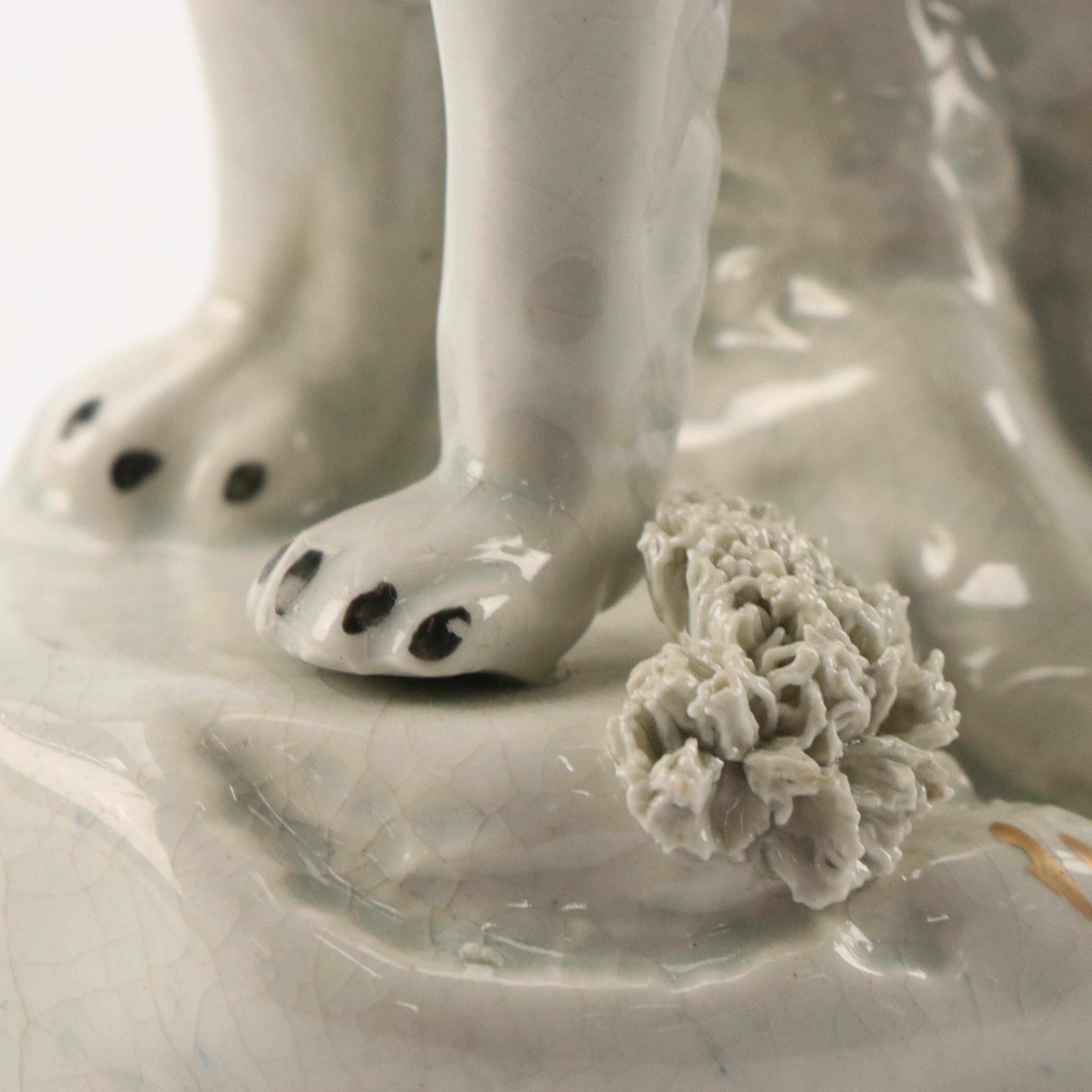 Staffordshire Earthenware Gilt Accented Girl with Dog  Figurine, 19th Century