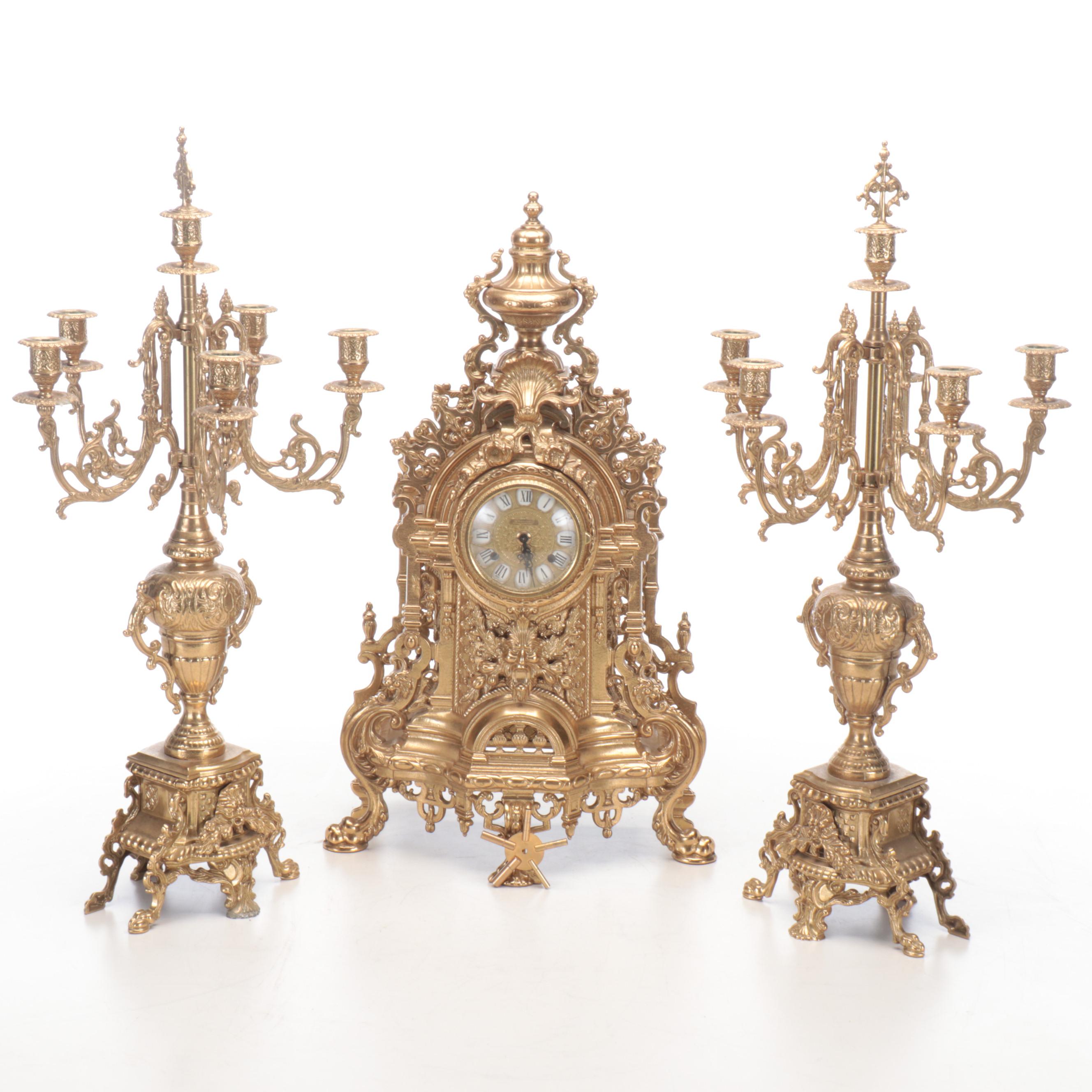 Italian Farbel "Imperial" Gilt Brass Mantel Clock and Candelabrum Pair, 2000