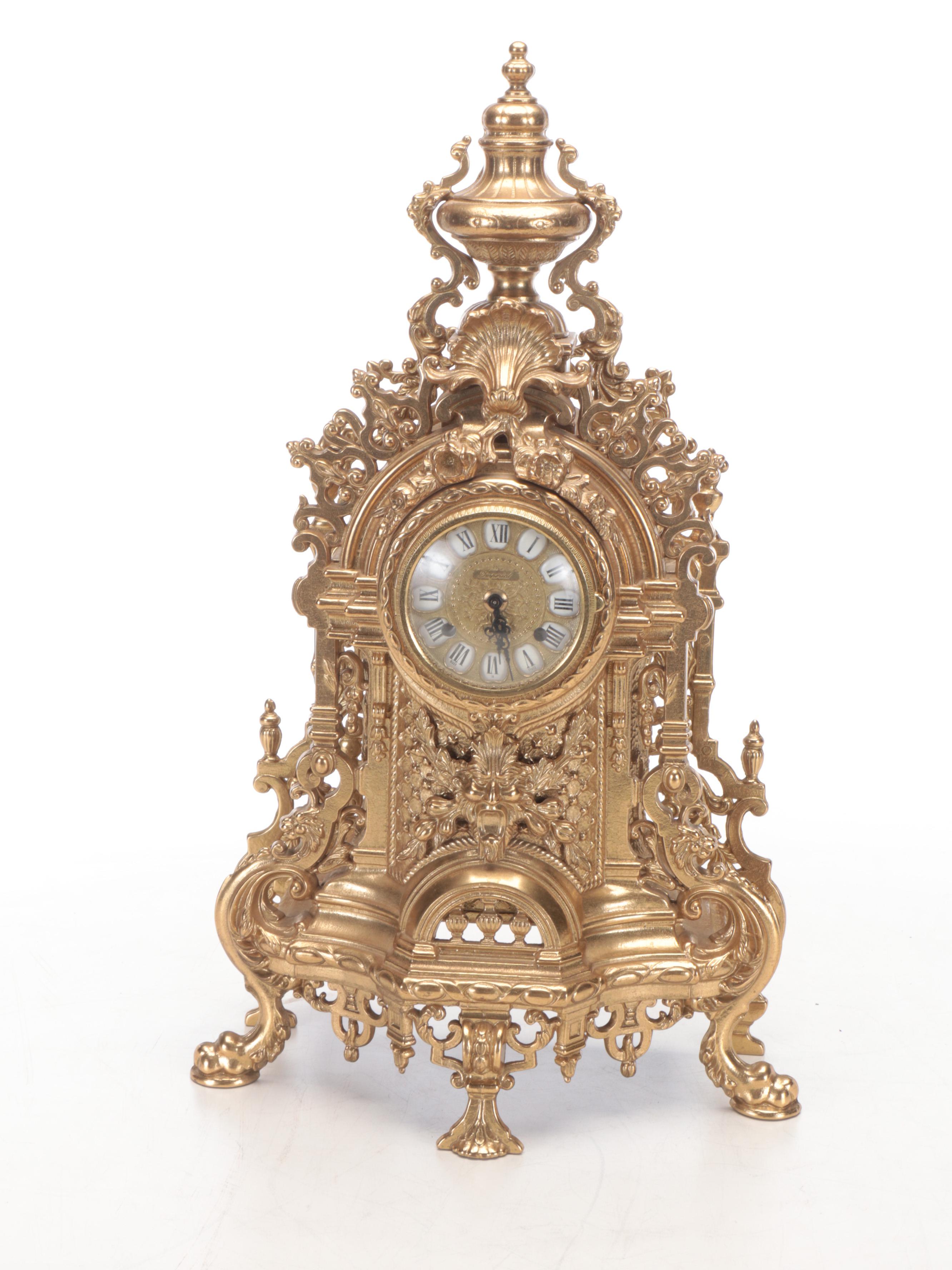 Italian Farbel "Imperial" Gilt Brass Mantel Clock and Candelabrum Pair, 2000