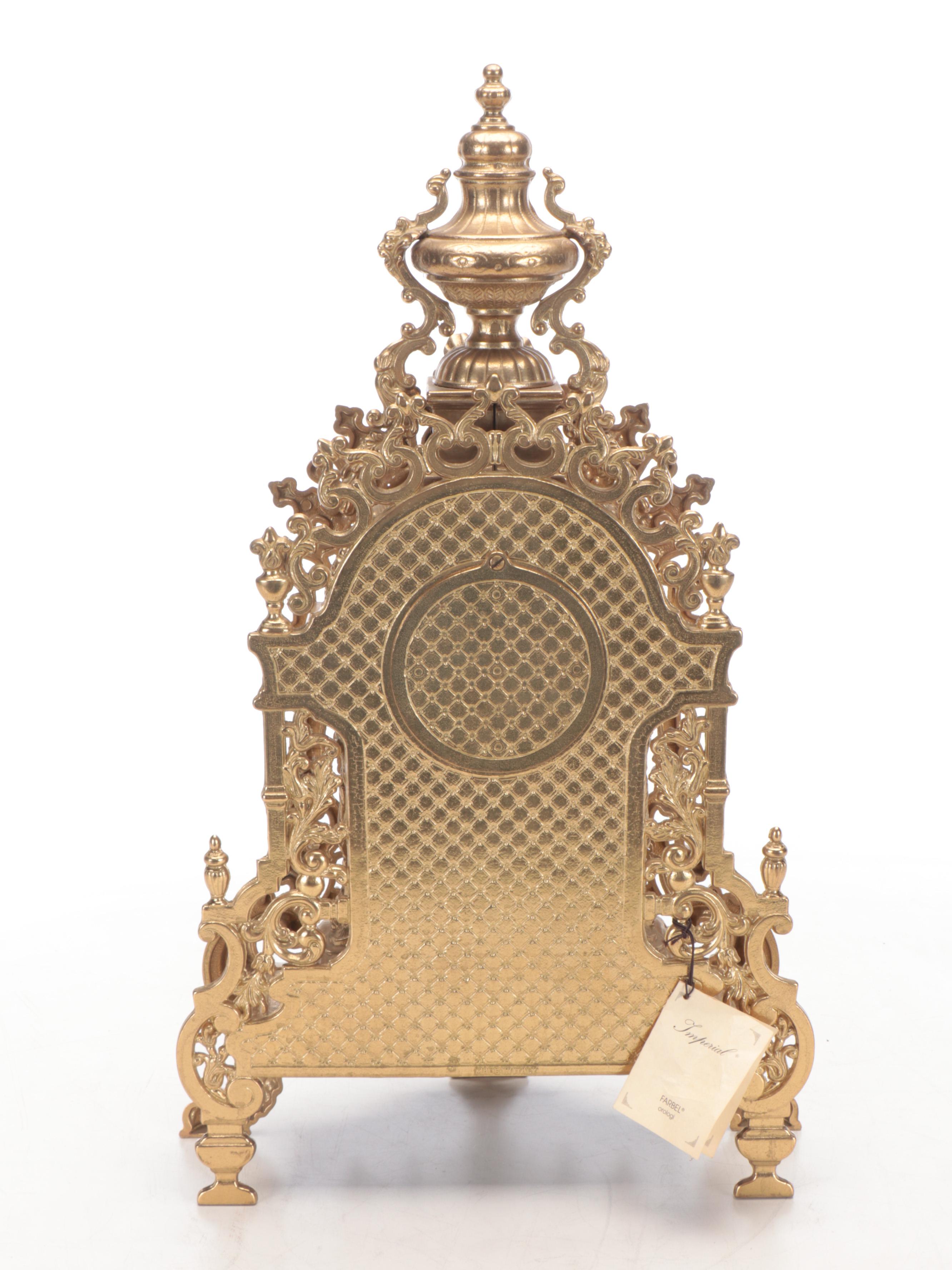 Italian Farbel "Imperial" Gilt Brass Mantel Clock and Candelabrum Pair, 2000