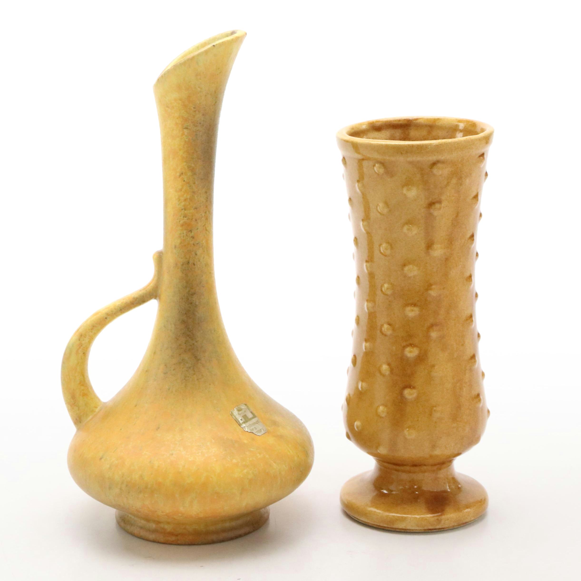 Haeger Lava Glaze Ewer with Other Yellow Hobnail Vase, Mid-20th Century