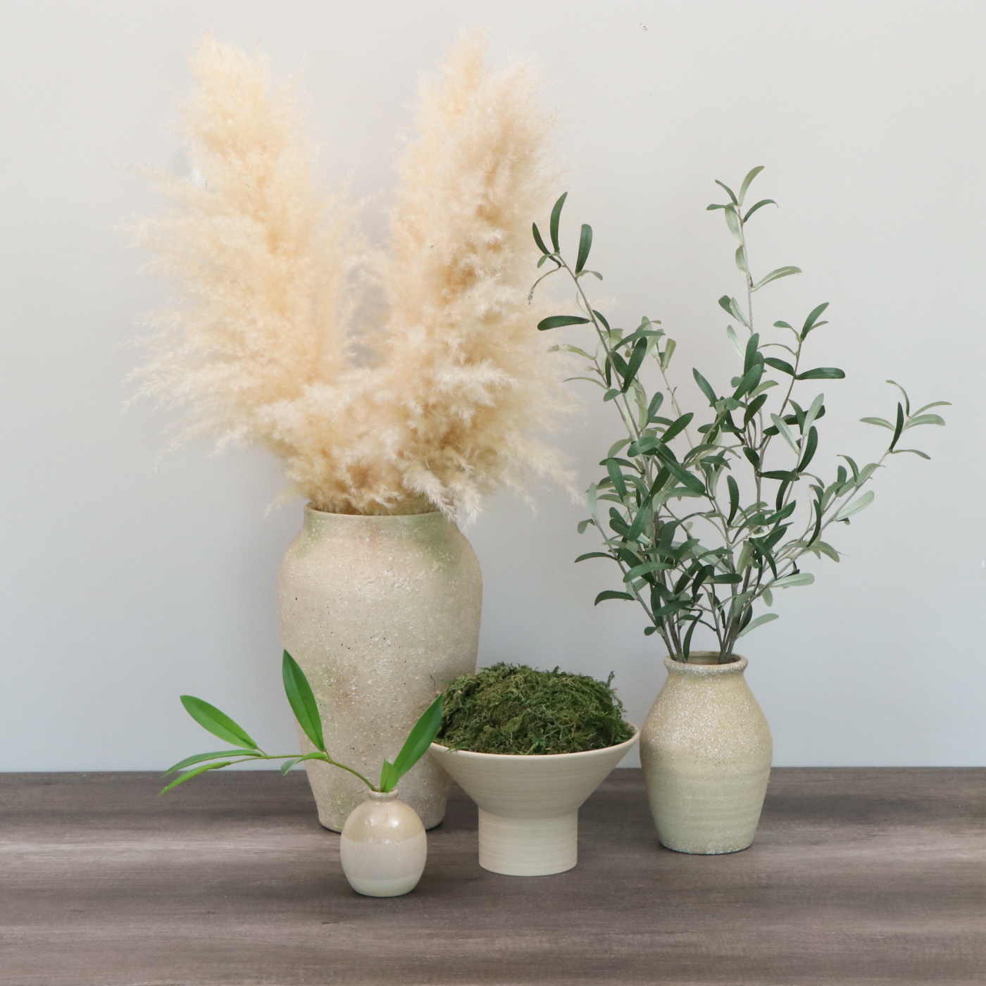 Handcrafted Stoneware Vase with Grass Plumes and Other Arrangements