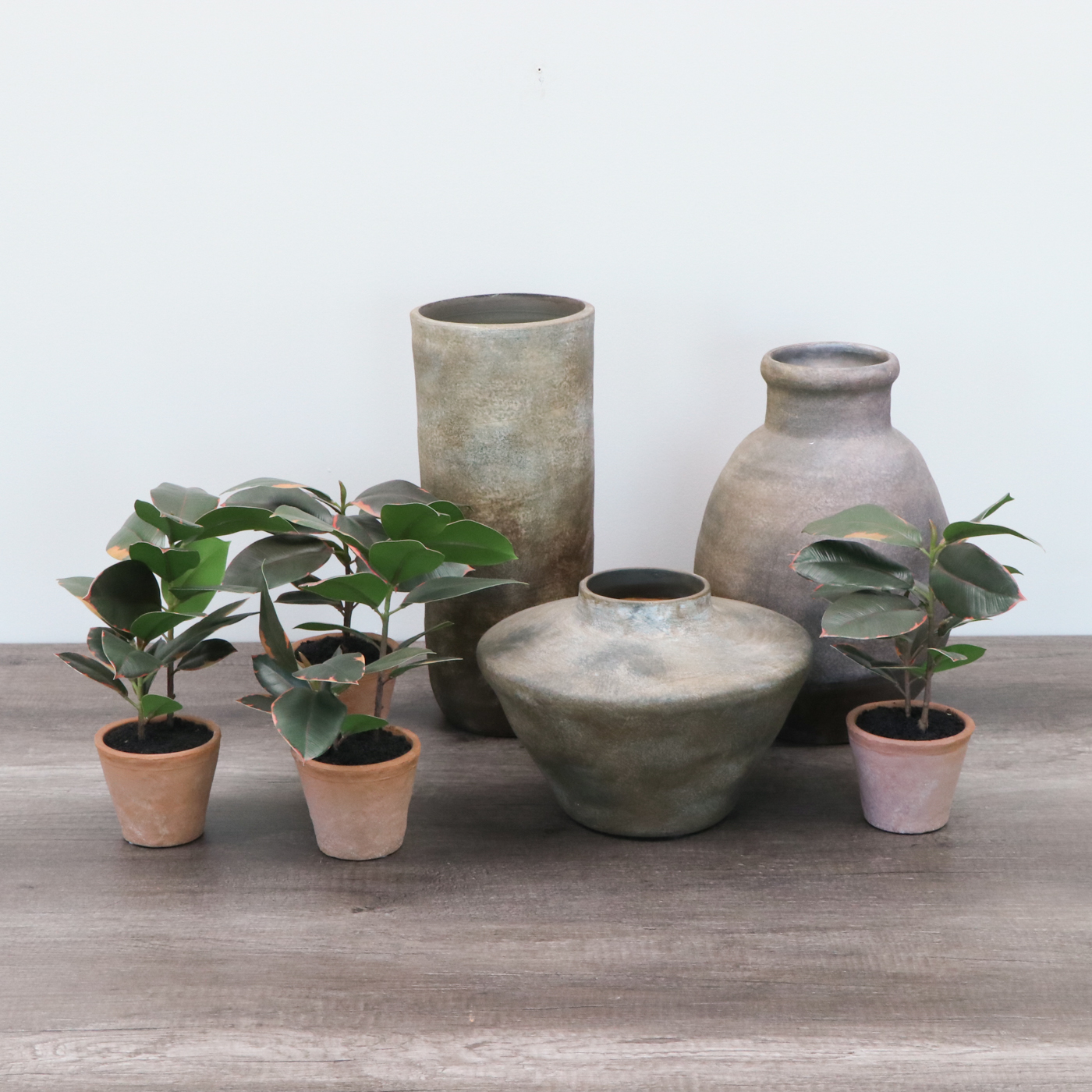 Earthenware Décor Vases and Potted Artificial Rubber Fig Plants