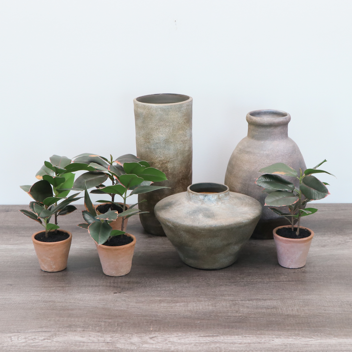 Earthenware Décor Vases and Potted Artificial Rubber Fig Plants