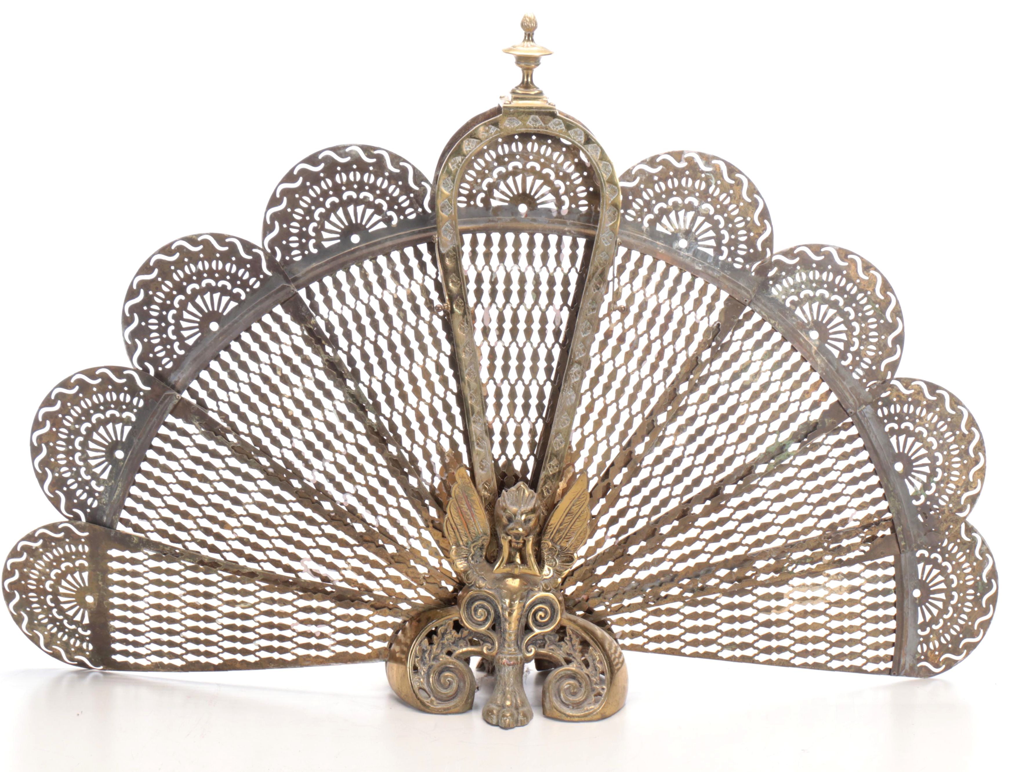 Victorian Pierced Brass Peacock Fireplace Screen, 19th to Early 20th Century