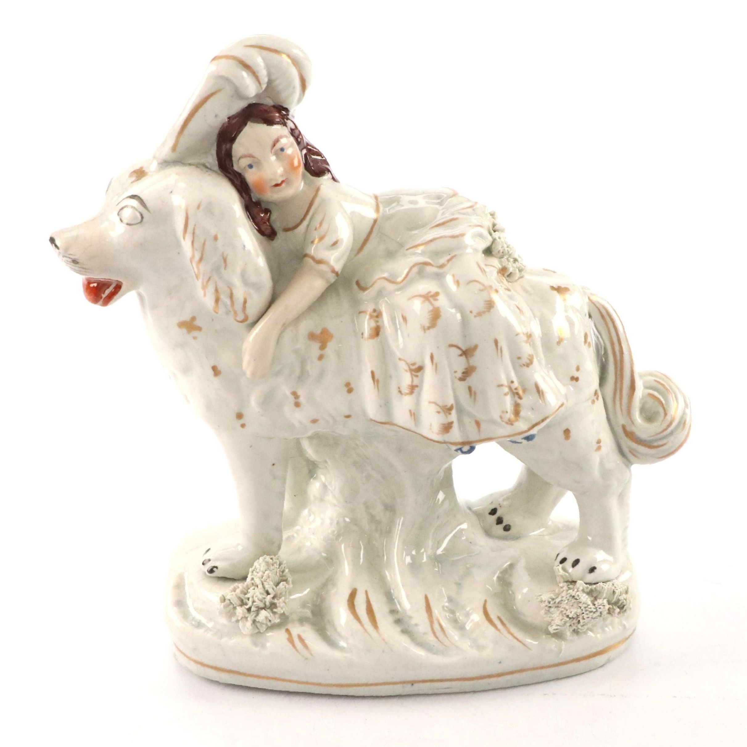 Staffordshire Earthenware Gilt Accented Girl with Dog  Figurine, 19th Century