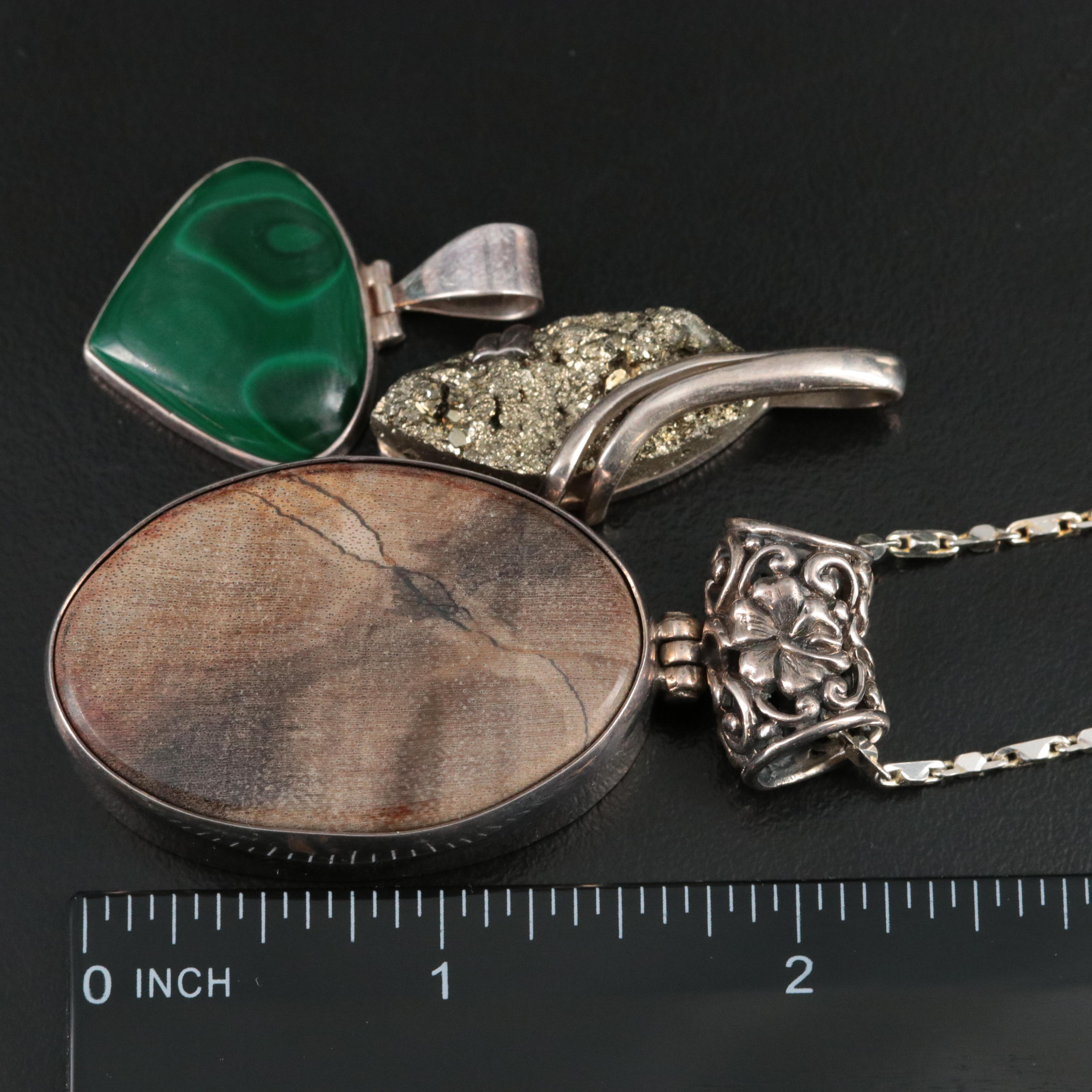 Sterling Malacite, Tiger's Eye and Petrified Wood Pendants and Necklace