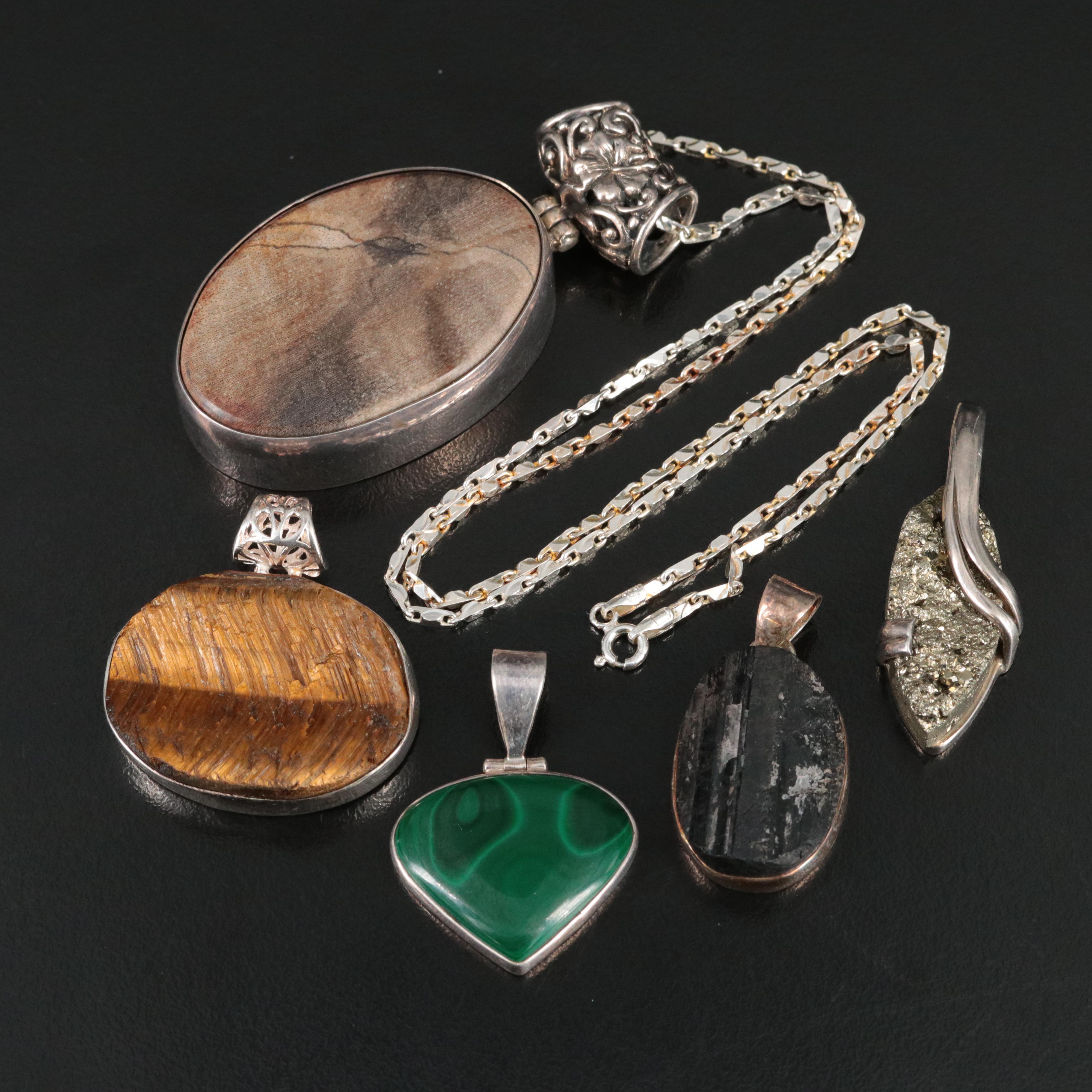 Sterling Malacite, Tiger's Eye and Petrified Wood Pendants and Necklace