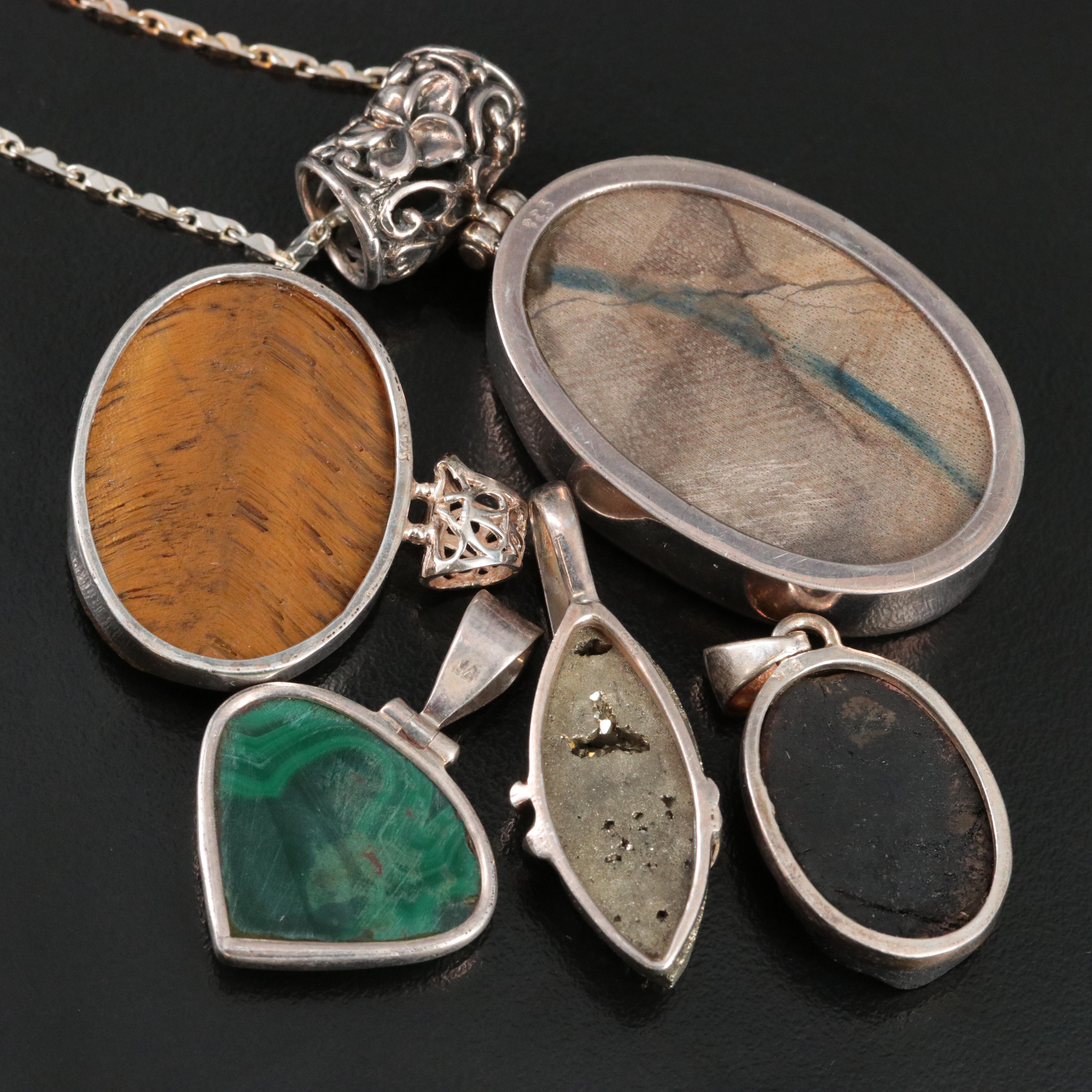 Sterling Malacite, Tiger's Eye and Petrified Wood Pendants and Necklace