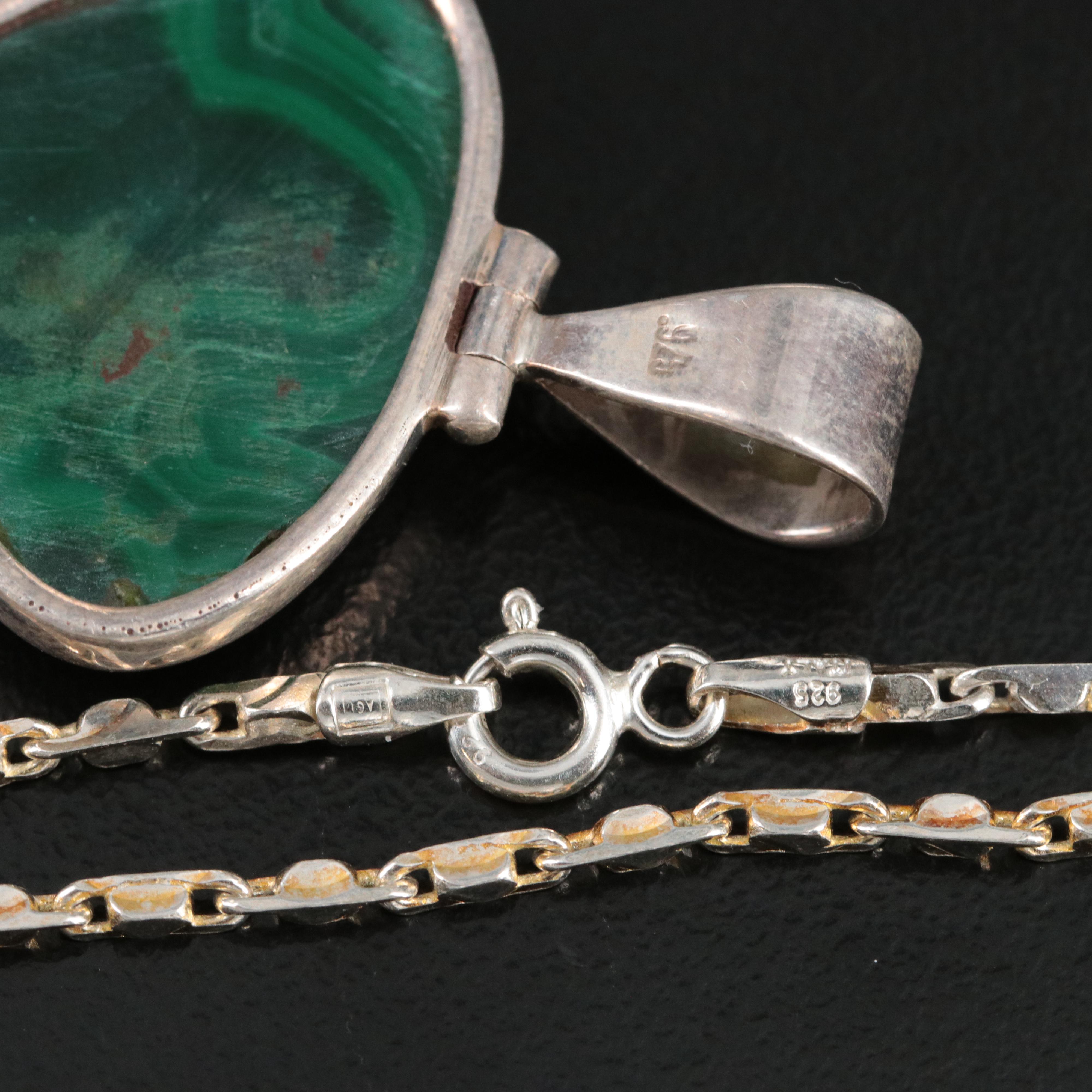 Sterling Malacite, Tiger's Eye and Petrified Wood Pendants and Necklace