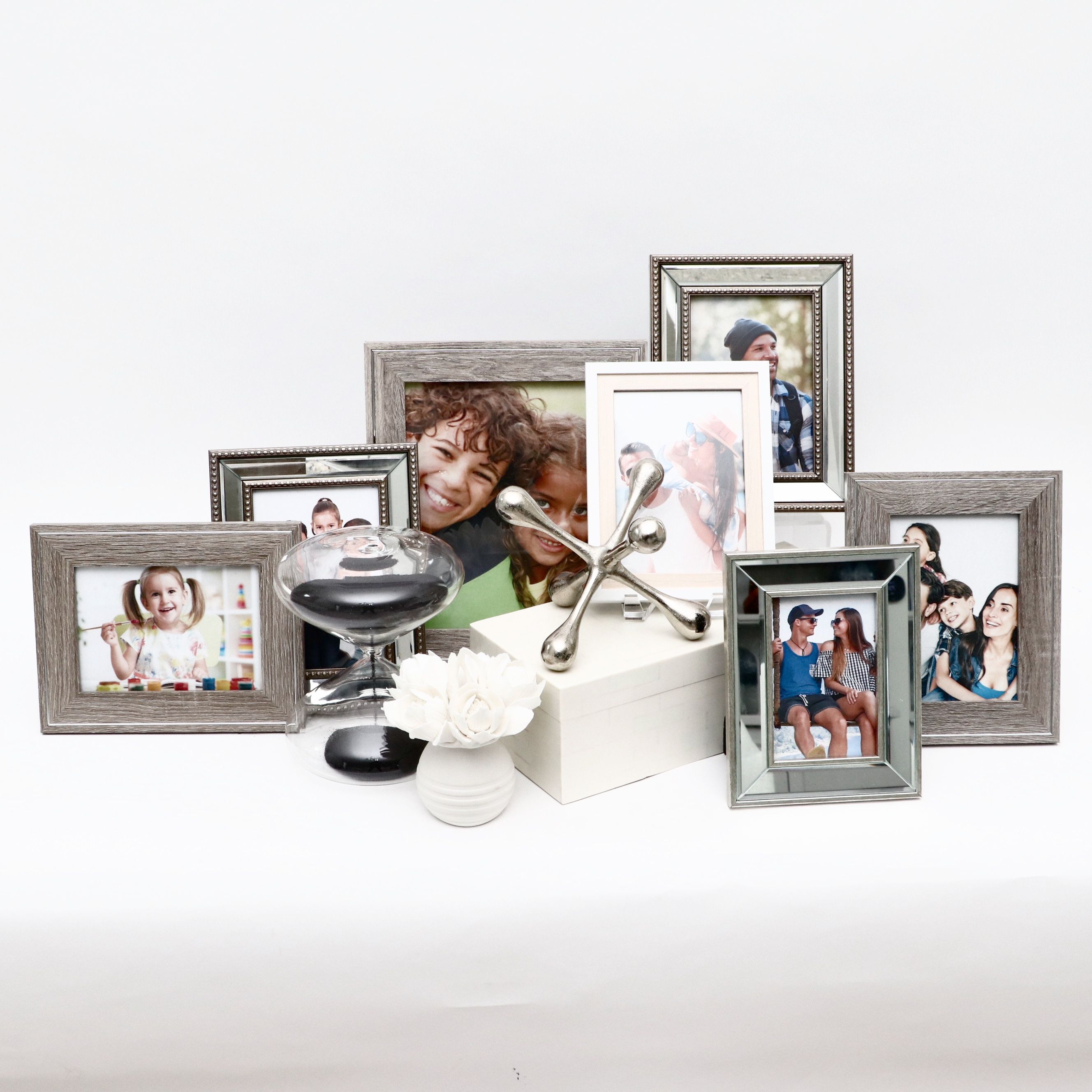 Tessellated Shell Box, Glass Sand Timer, Frames and Other Room Décor