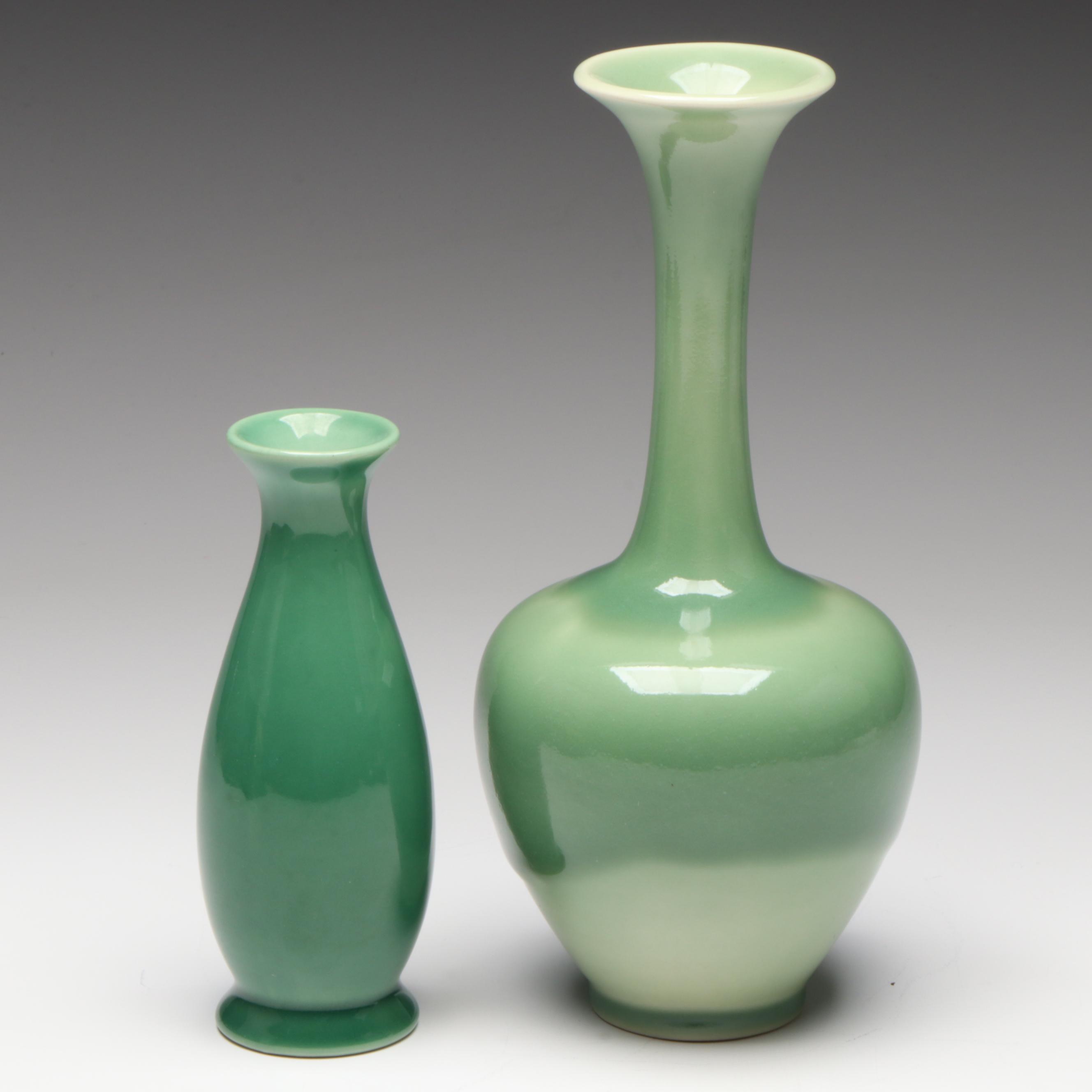 Rookwood Pottery Jade Green Glazed Long Neck Vases, Mid-20th Century