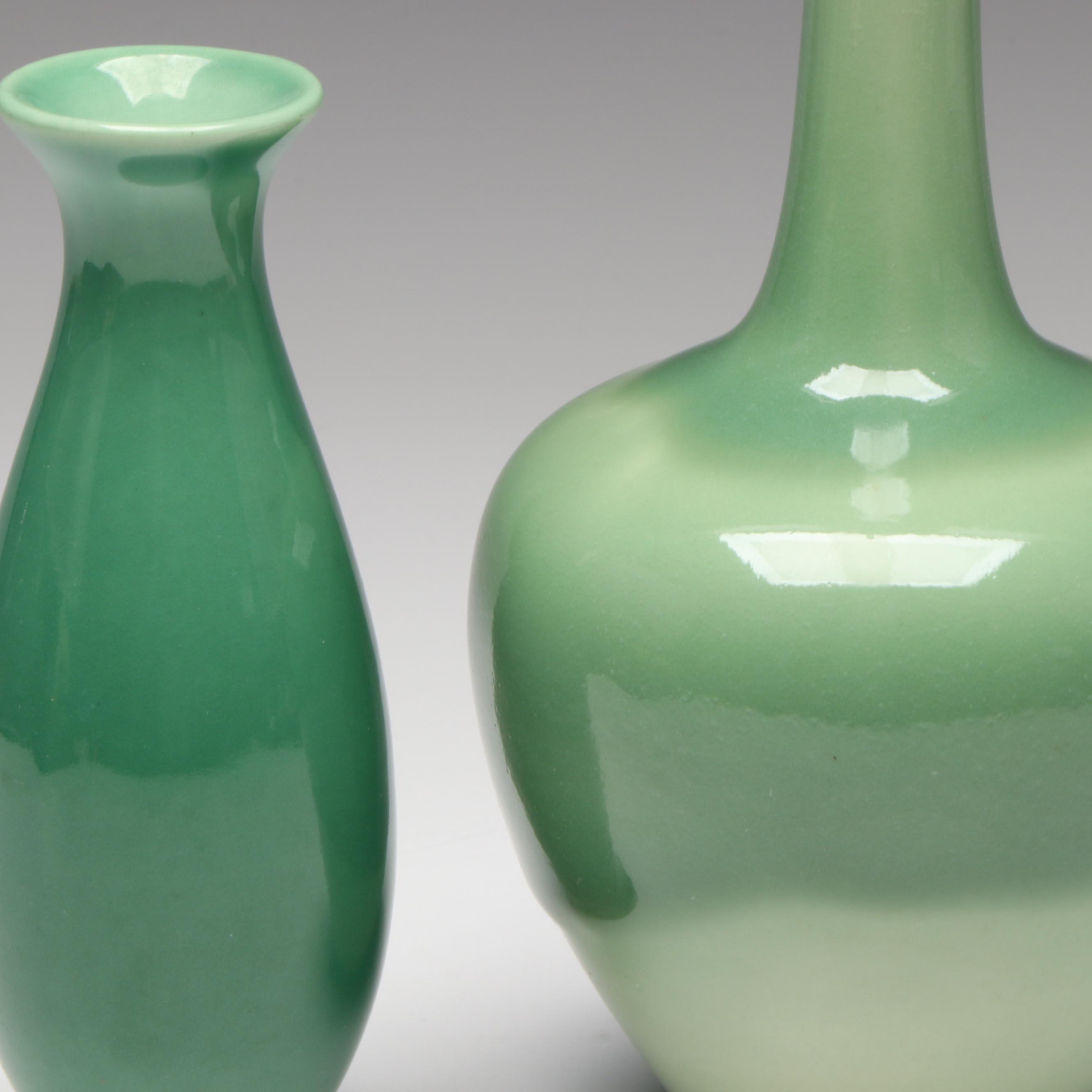 Rookwood Pottery Jade Green Glazed Long Neck Vases, Mid-20th Century