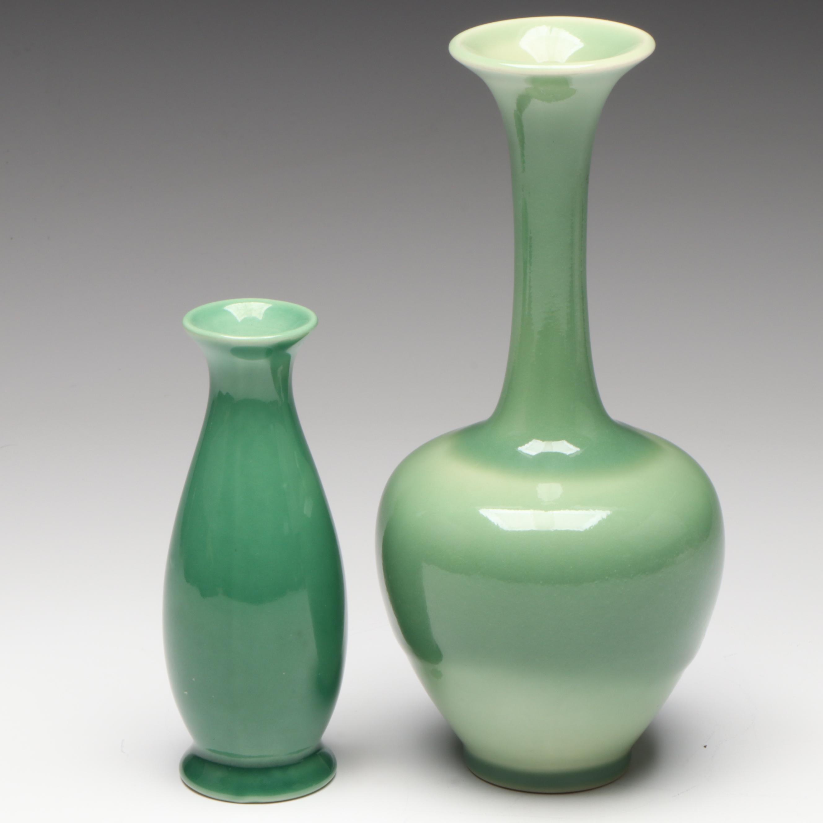 Rookwood Pottery Jade Green Glazed Long Neck Vases, Mid-20th Century