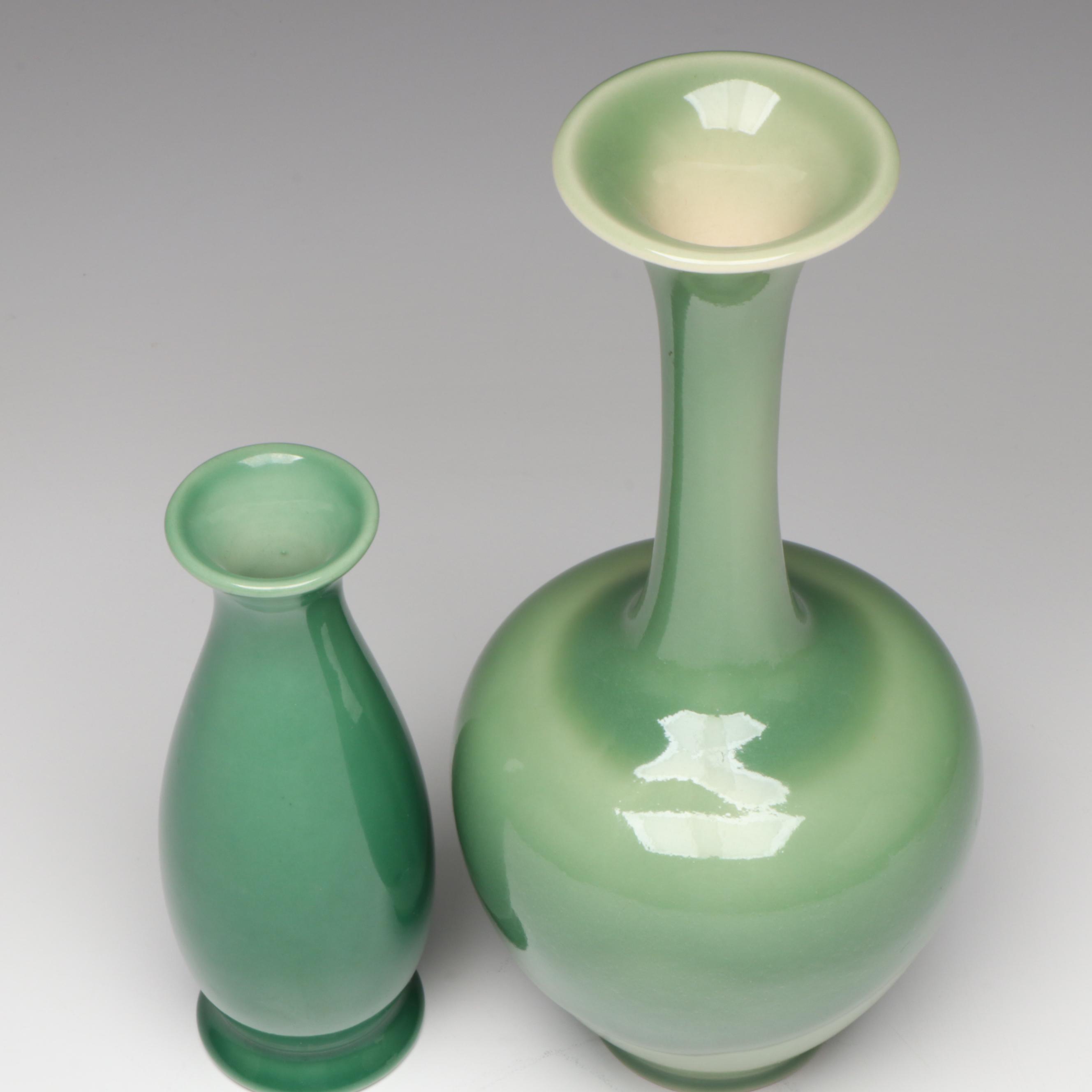 Rookwood Pottery Jade Green Glazed Long Neck Vases, Mid-20th Century