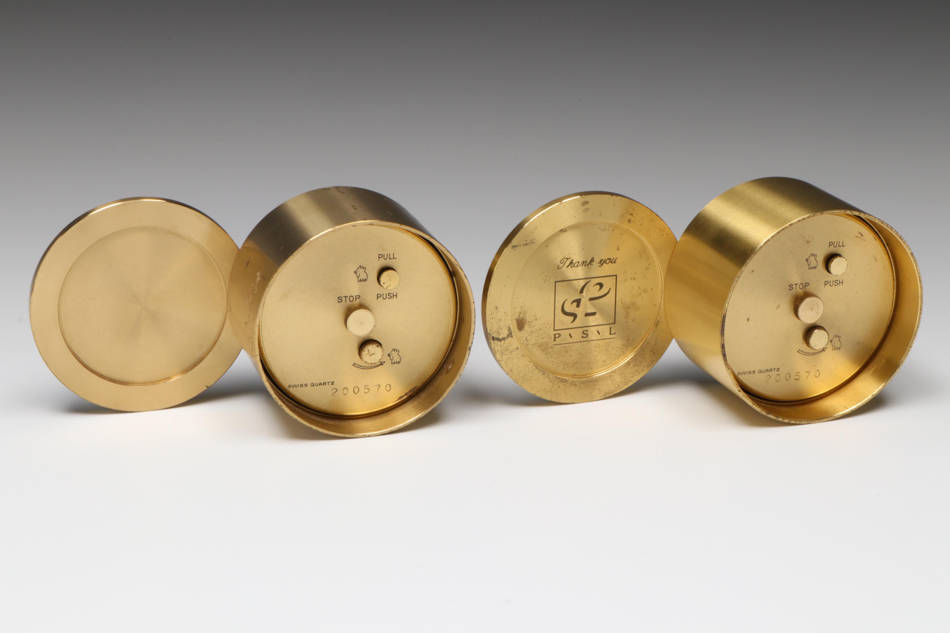 Tiffany & Co. Round Brass Travel Alarm Clocks with Swivel Doors