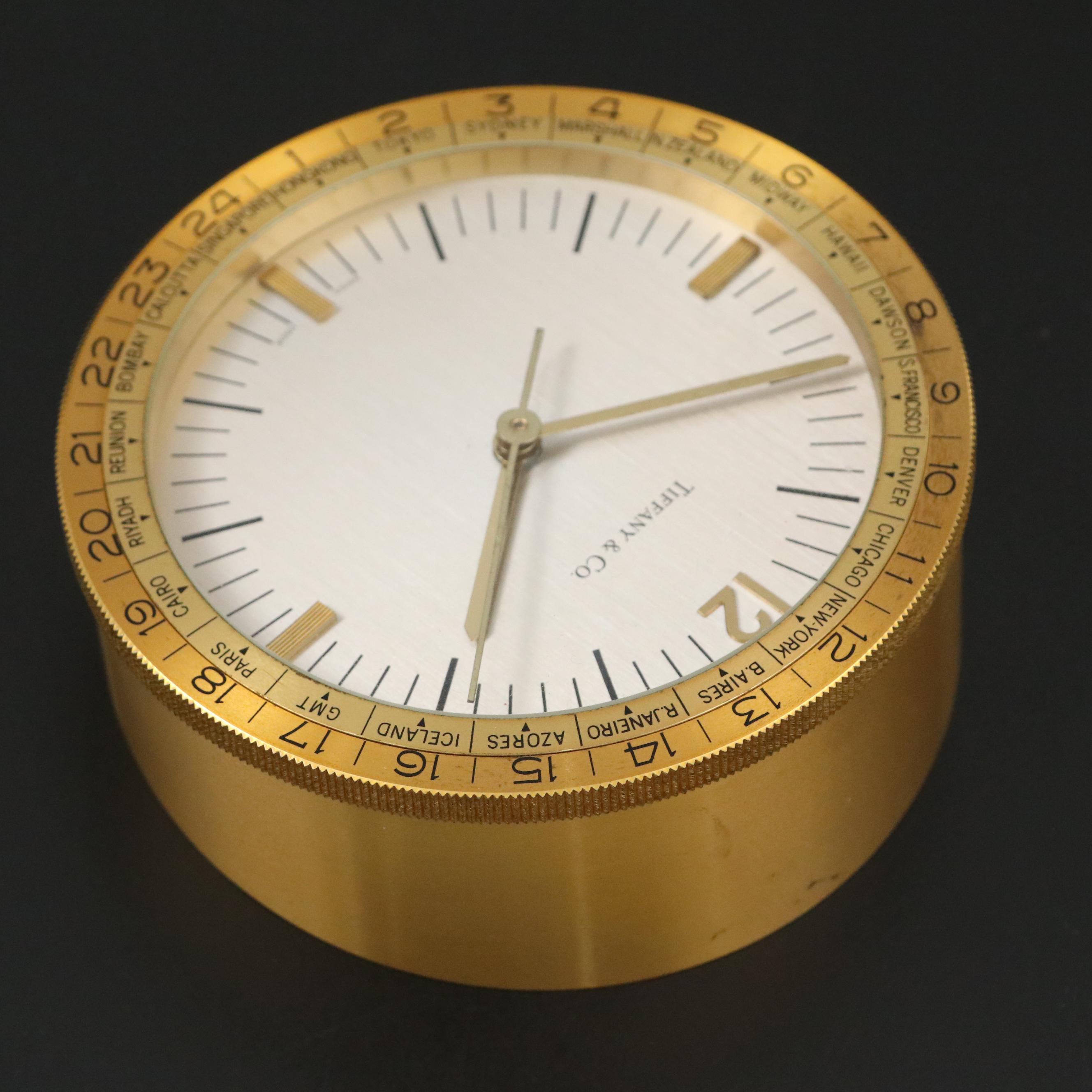 Tiffany & Co. Round Brass World Time Desk Alarm Clock