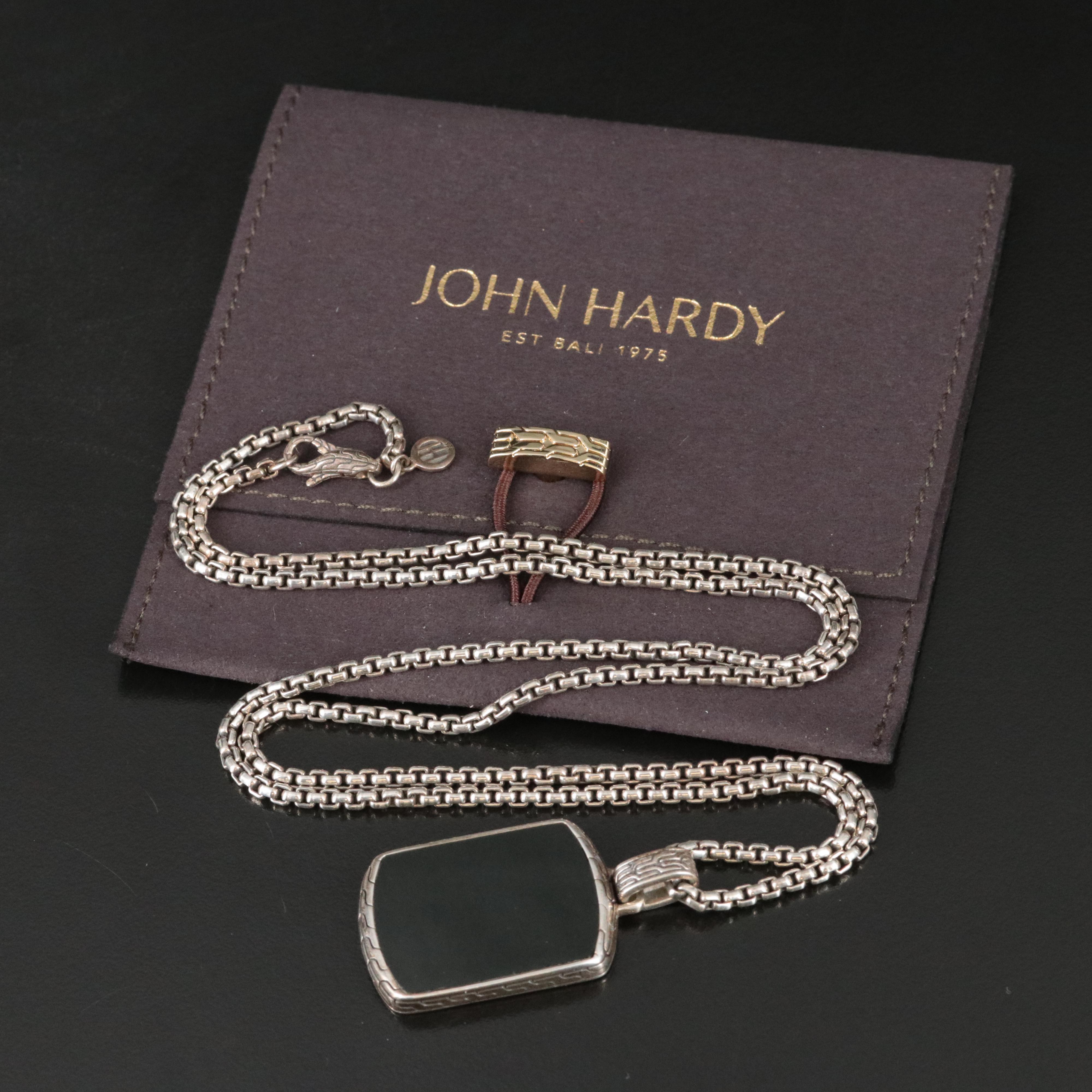 John Hardy Carved Chain Tag Sterling Black Onyx Pendant Necklace