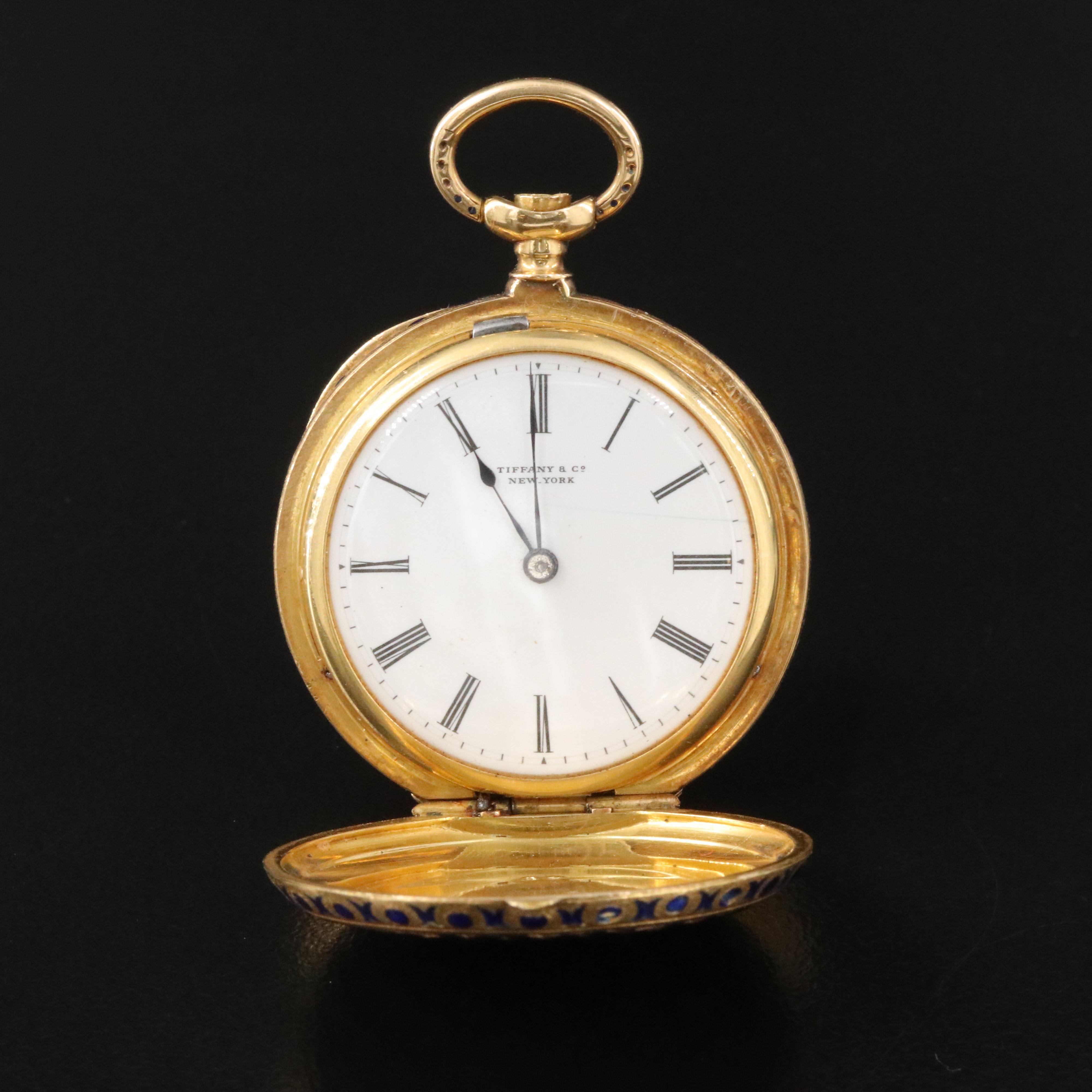 Antique Tiffany & Co. 18K Gold Blue Enamel Pocket Watch